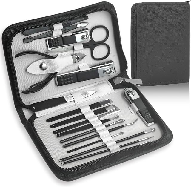 Manicure Set Nail Clippers Kit For Women&men 18 in 1 Professional Stainless Steel Pedicure Care Tools Kit Nail Cutter Set Scissors Grooming Kit With Black Leather Travel Zip Case(Black White)