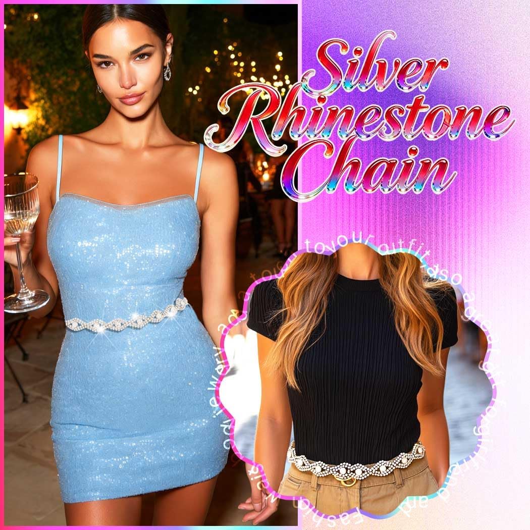 Silver Rhinestone Chain Belts Sparkly Diamond Dress Belt Fashion Bling Waist Accessories for Women