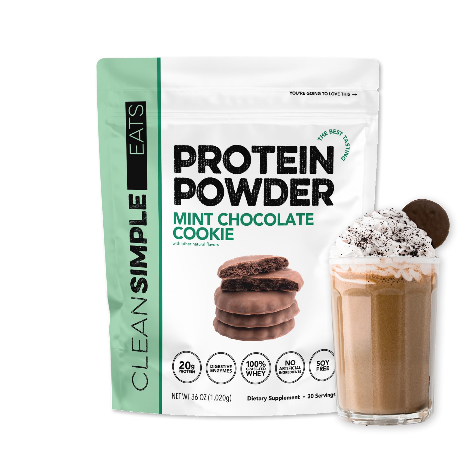 Proteína de suero en polvo Clean Simple Eats, sabor a galleta de chocolate y menta, endulzada naturalmente, 100 % proteína de animales alimentados con pasto con enzimas digestivas, sin ingredientes artificiales, sin gluten, 30 sobres