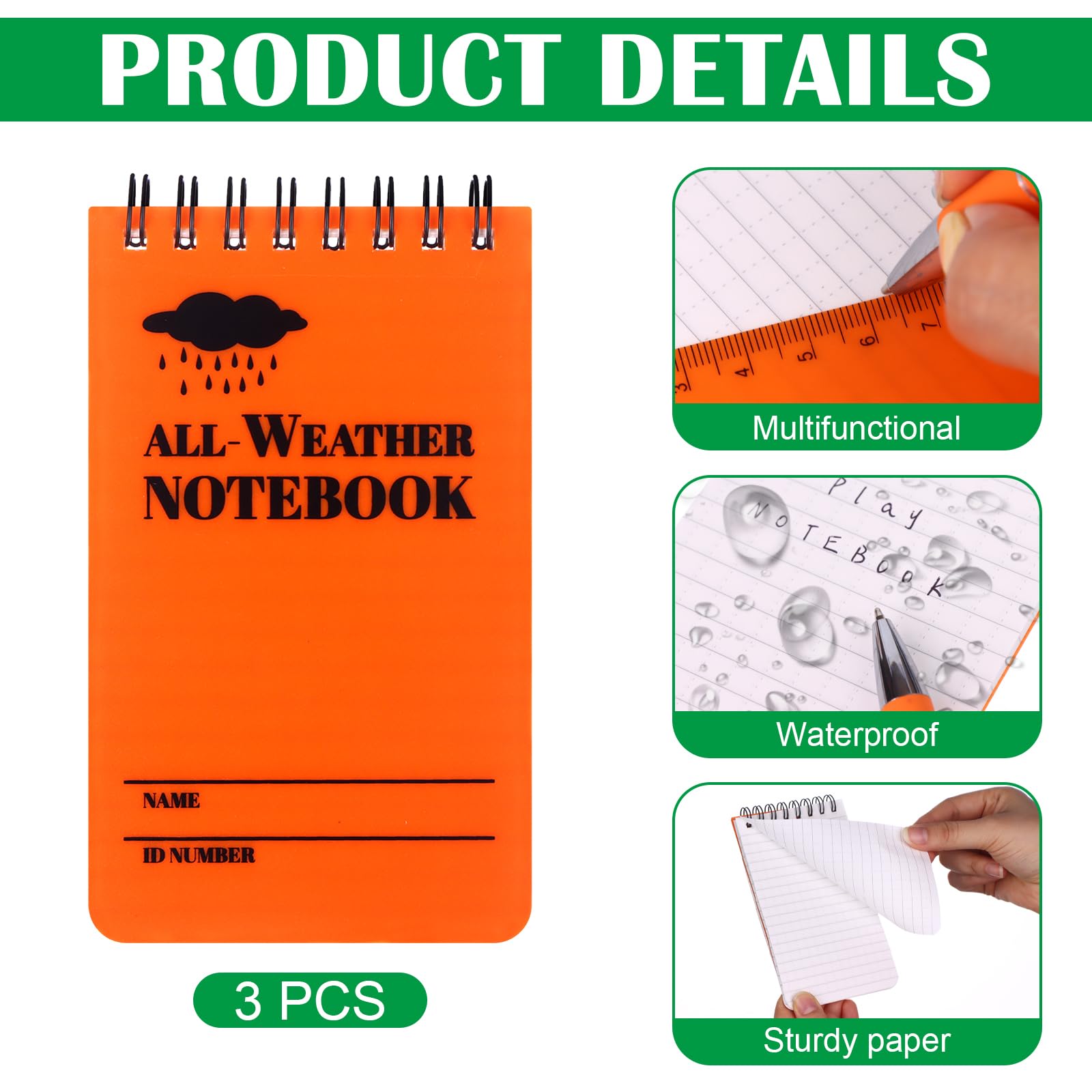 HAOWANWW 5 Pcs Waterproof Notepad Pen Set Waterproof Notebook Mini Spiral Notebook All Weather Stone Paper Notebook Orange Cover Pocket Notepad Tactical Steno Pad with Grid for Outdoor Activity Record - Image 3
