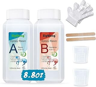 SigWong Resina Epossidica Trasparente 240ml/249g - Rapporto 1:1 Colla Resina Epoxy con Indurente per Creazione Gioielli Fai da Te, Bonus 2 Pezzi Tazze Graduate, 2 Pezzi Bastoncini, 2 Paio di Guanti