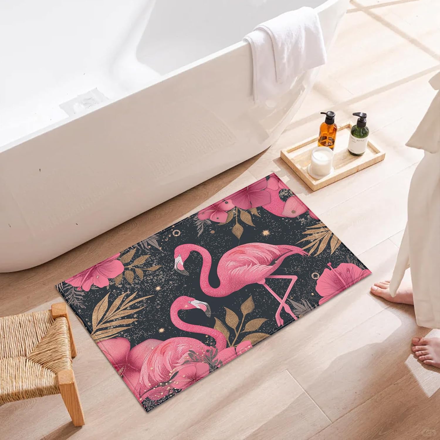 Flamingo Welcome Indoor Door Mat, Pink Flower Outdoor Entrance Doormat for Entryway Kitchen Bathroom 17 X 29 Inch