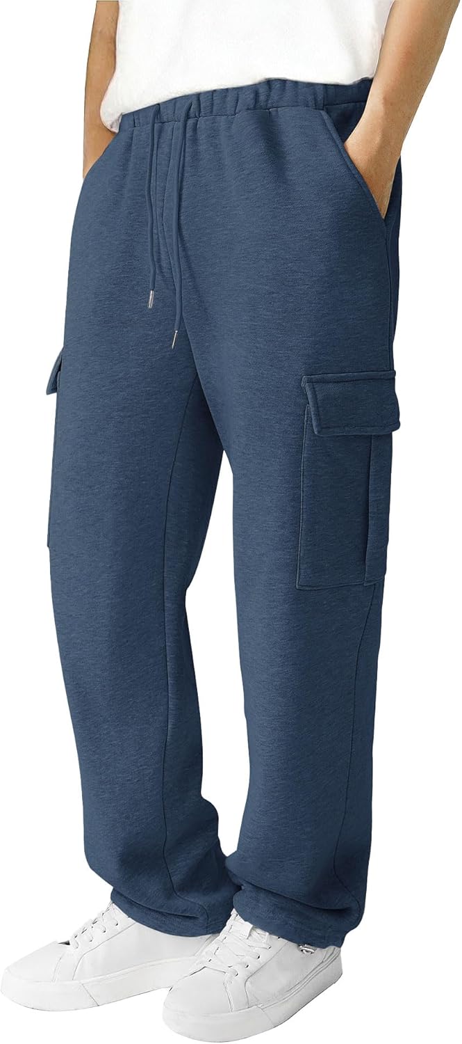 Men's Fleece Cargo Sweatpants Loose Fit Cotton Joggers with 5 Pockets Open Bottom for Gym Hiking Casual Wear