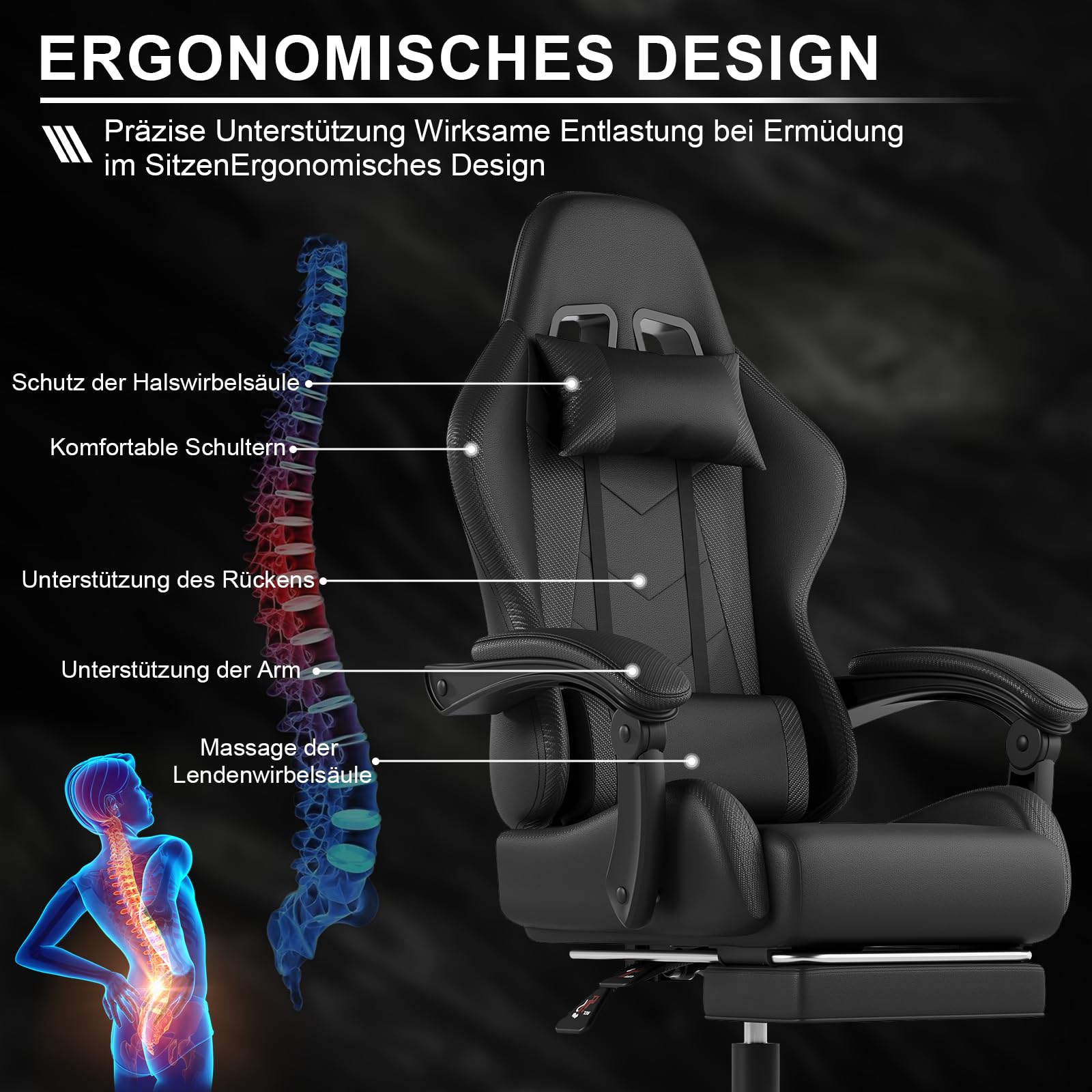 Devoko Ergonomischer Gaming Stuhl mit Massagefunktion und ausziehbarer Fußstütze, verstellbare Rückenlehne 90-135°, Komfortabler Bürostuhl für Home Office, Computersessel 150kg Belastbarkeit, Schwarz