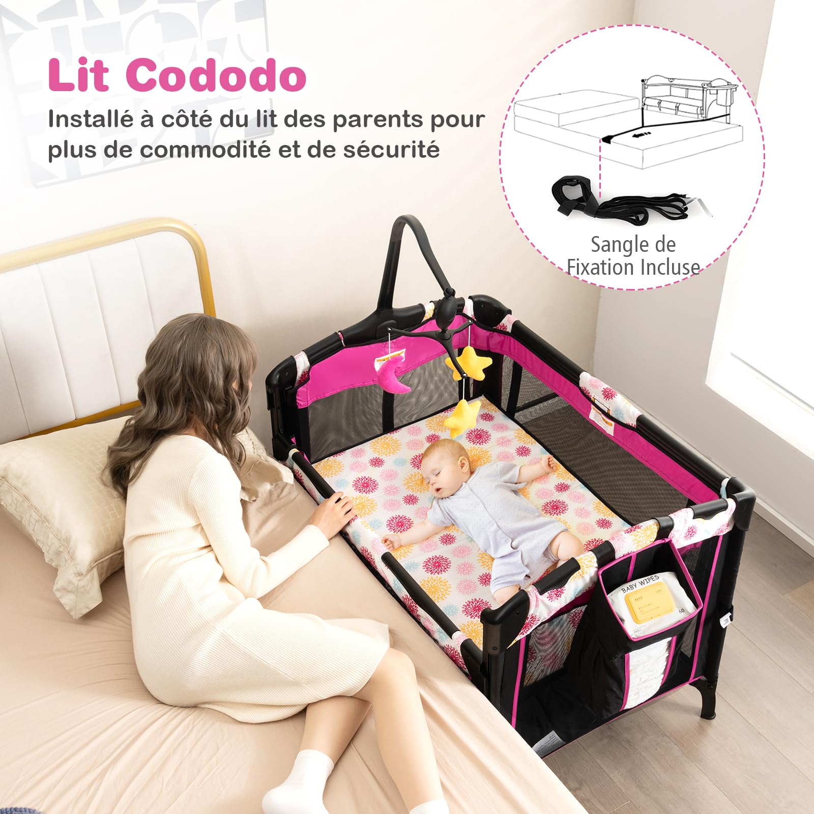 DREAMADE Lit Parapluie Bébé 4 en 1 107x72x119 cm Cododo avec Table à Lange & Matelas Noir+Rose