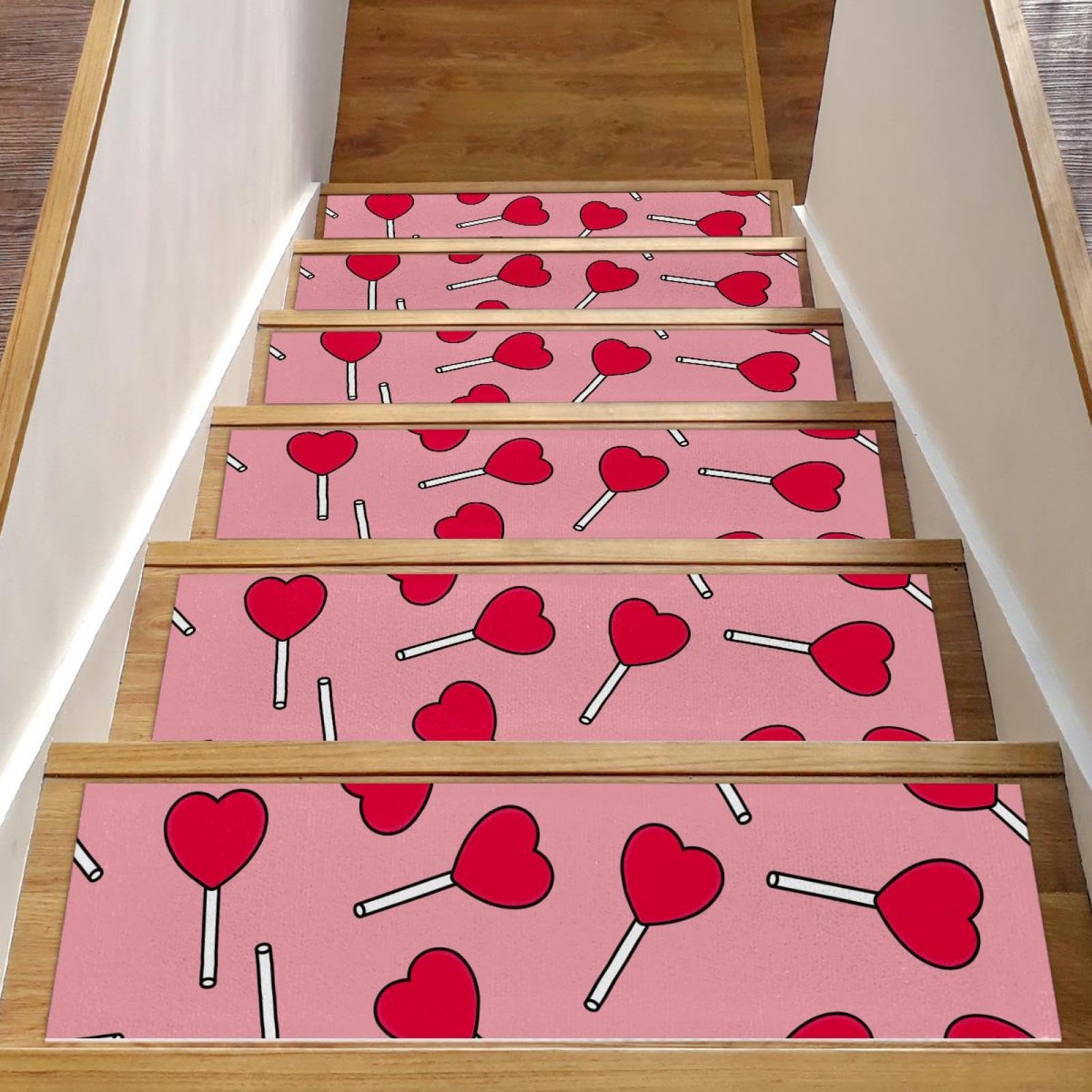 Tapis d'escalier en polyester TPE rose motif Candy Love pour marche intérieure en bois