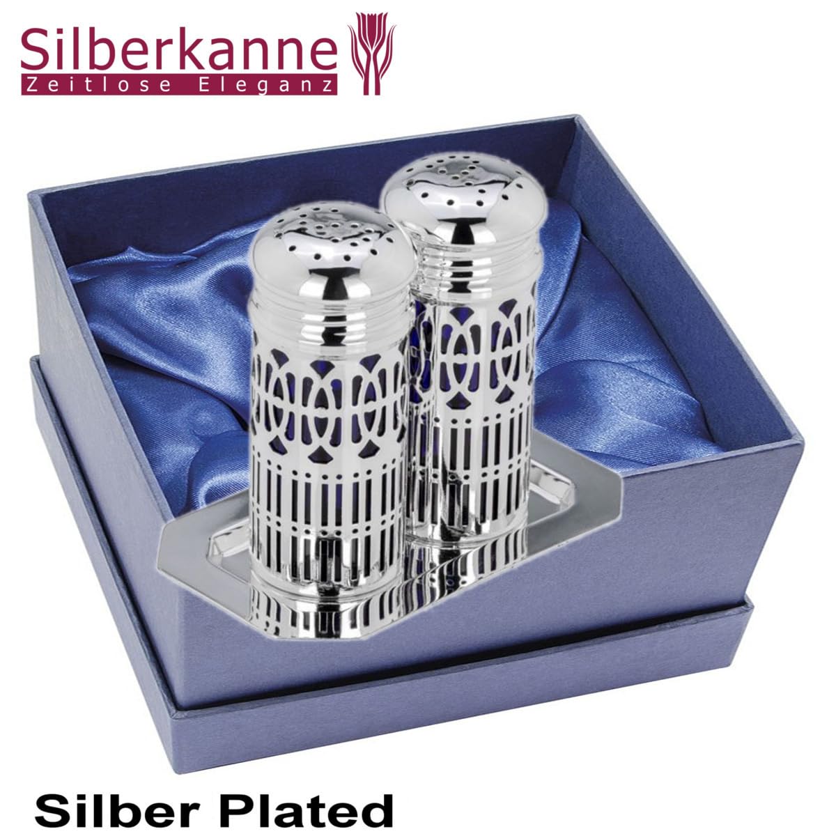 Par de esparcidores con bandeja de color azul higiénico, rectangular, 9 cm, plata de primera calidad, chapado en plata