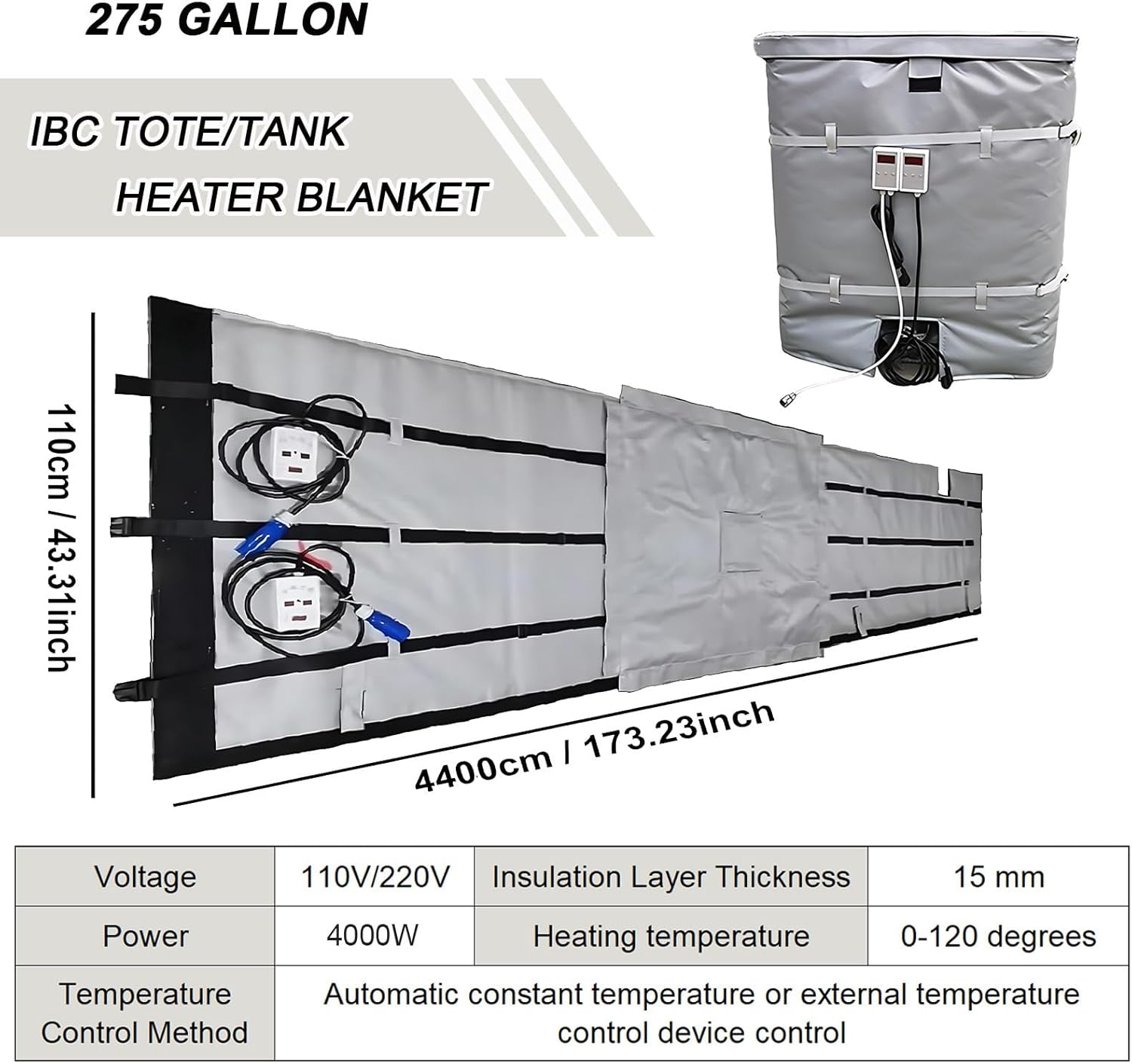Professional 275-Gallon IBC Tote Heating Blanket – 4000W Fast Heating Electric Heater Jacket – Full Coverage Thermal Blanket with Optional Adjustable Thermostat for Industrial Oil Drum Storage