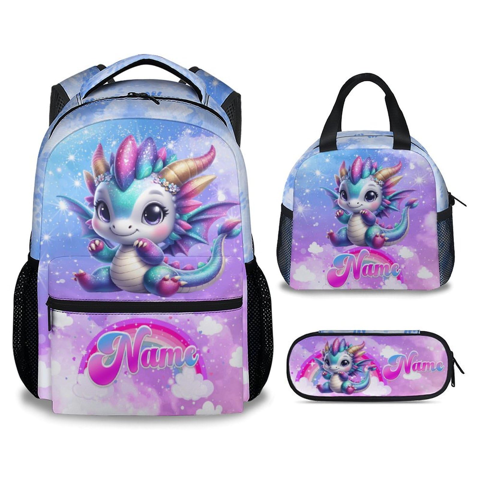 Girls Backpack with Lunch Box - Personalized School Bookbag with Name - Dragon Backpack for Girls - Back to School Gifts for Kids Child - 17 Inch