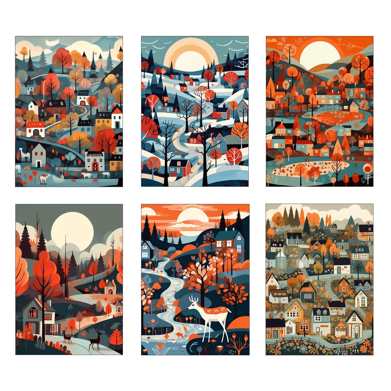 Wild And Arty Scandi Village Art Prints - Size A4 - Set of 6 Unframed