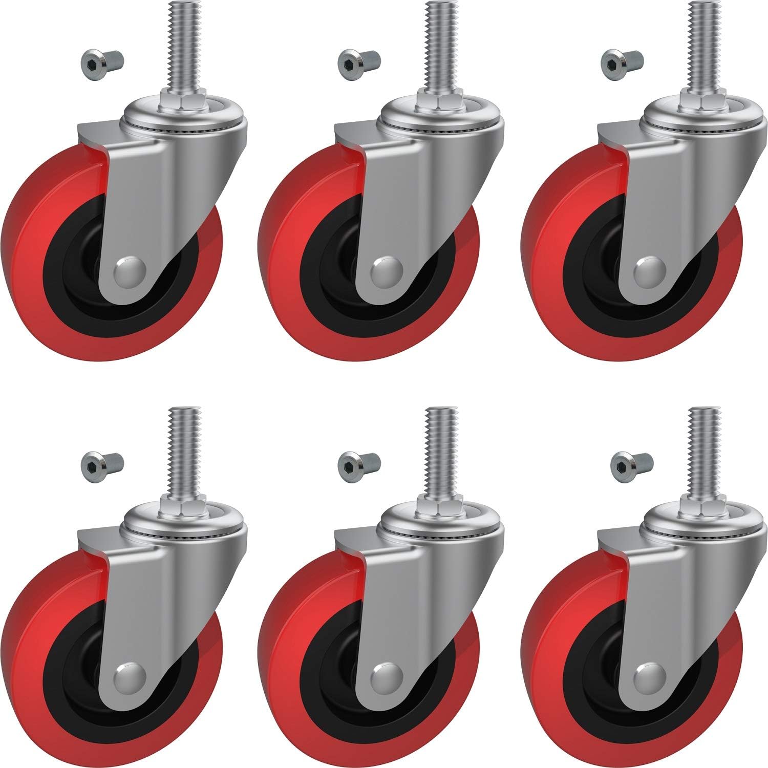 6 Pack Creeper Wheels 2.5 Inch Heavy Duty Swivel Caster Wheel Creeper Service Cart Stool Post Mount, M10 (Around 3/8\") x 1\" Metric Threaded Stem Casters Wheels Replacement