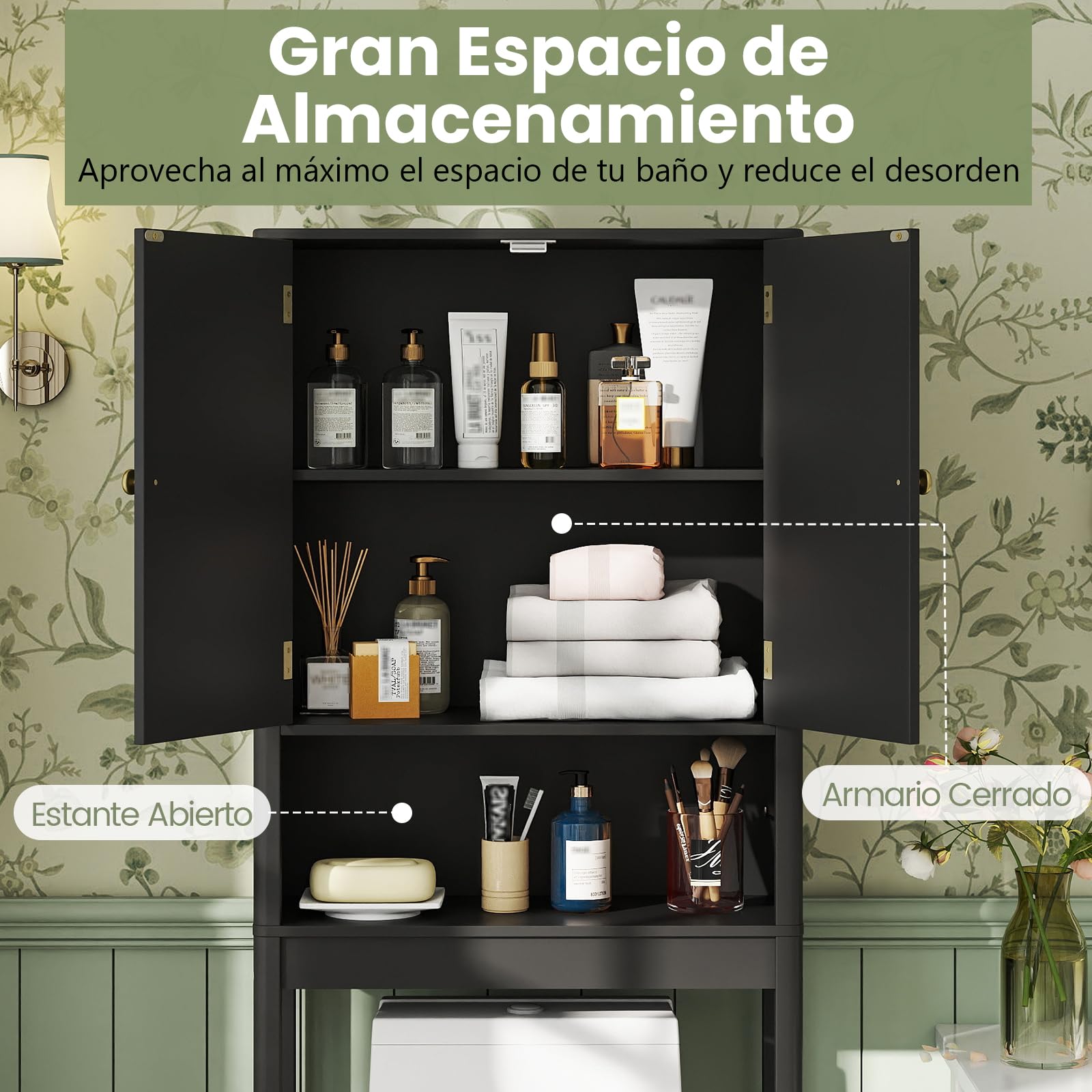 COSTWAY Mueble sobre Inodoro, Mueble de Baño con Puertas Acanaladas, Estante Ajustable en 3 Posiciones y Barra Inferior Ajustable en 3 Niveles,Armario Alto sobre el Inodoro con Almacenamiento (Negro)