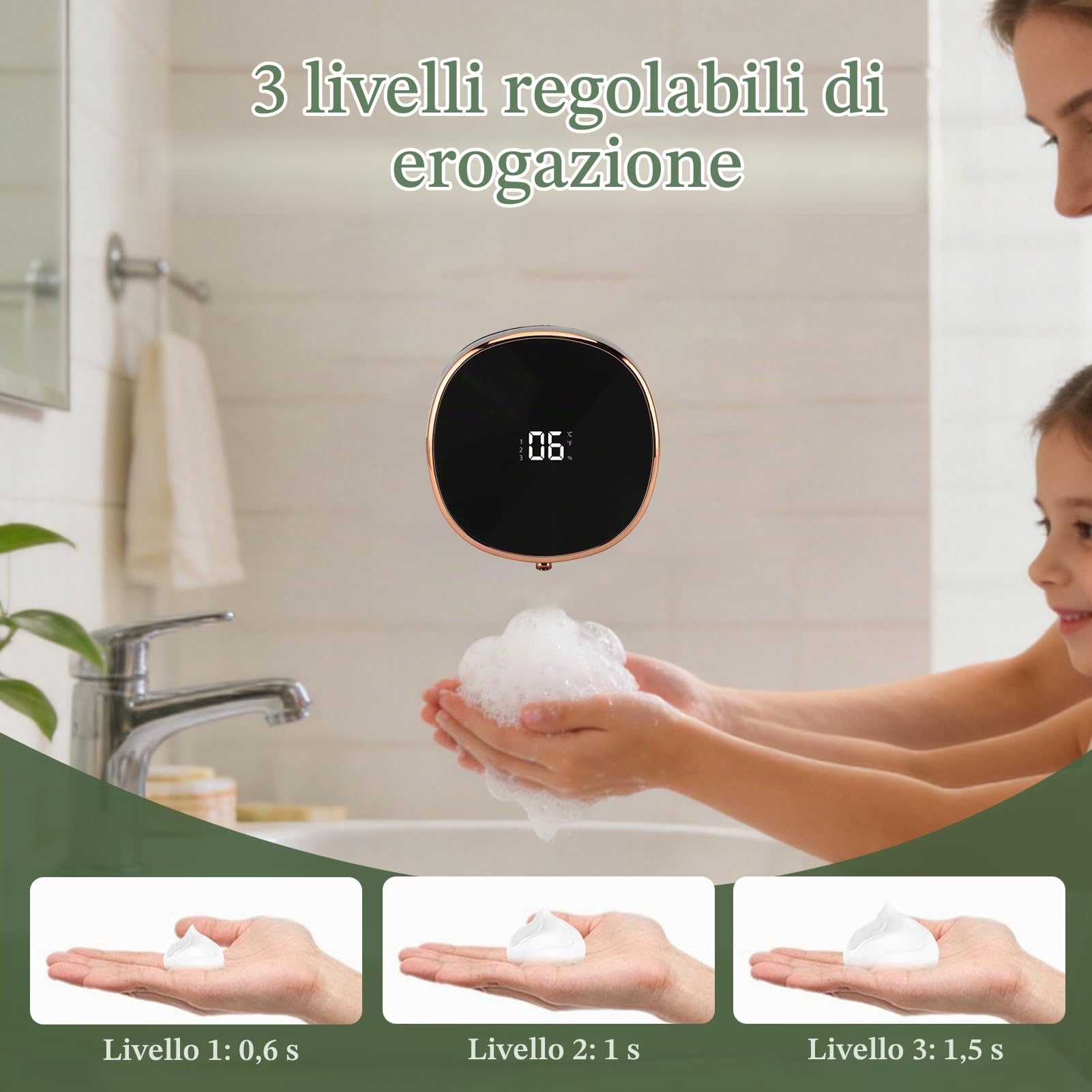 Dispenser automatico di sapone Dispenser di sapone schiumogeno Dispenser di sapone touchless Dispenser di sapone elettrico a parete Dispenser di sapone manuale con (Nero)