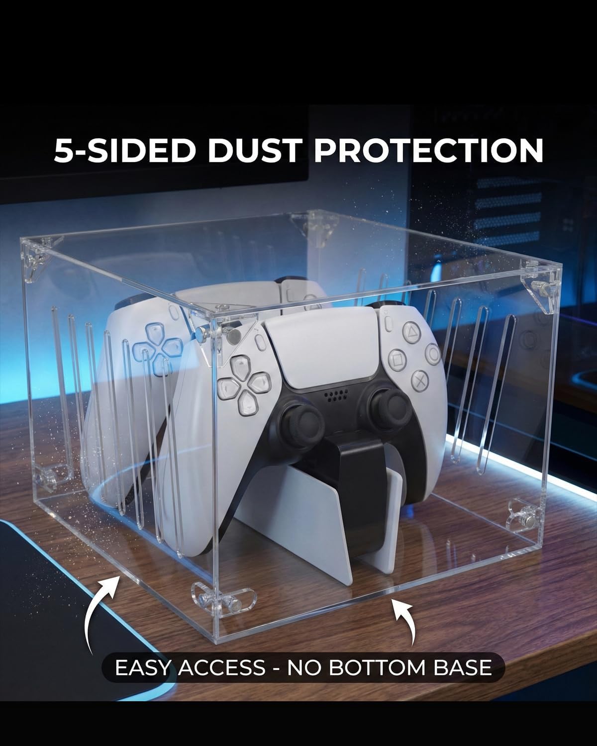 Acrylic Dust Cover Compatible with PS5 Controller Charging Dock | Clear 5-sided acrylic cover fits two controllers on a charging dock; 14 vents, cable access, tool-free assembly.