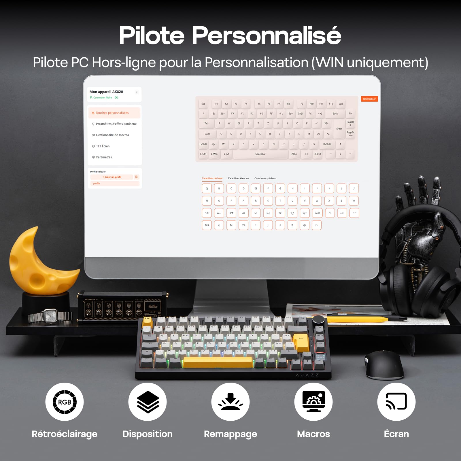 EPOMAKER Ajazz AK820 Pro ISO-FR Clavier Mécanique sans Fil AZERTY, Écran & Bouton Rotatif, 2.4G/BT/USB, Rétroéclairage RVB, Gasket Crémeux, Clavier Gaming 75% Disposition Française pour Win/Mac/PC