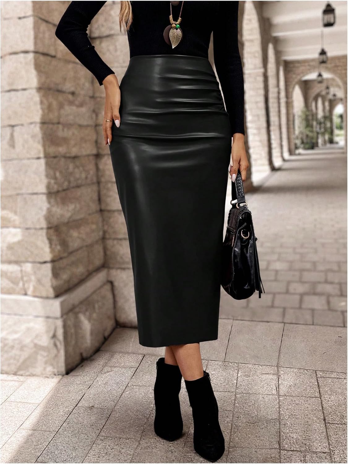 GORGLITTER Women's Casual Fitted Faux Leather Slit Maxi Skirt Ruched Side Elastic High Waist Long Pencil Skirts - Image 5
