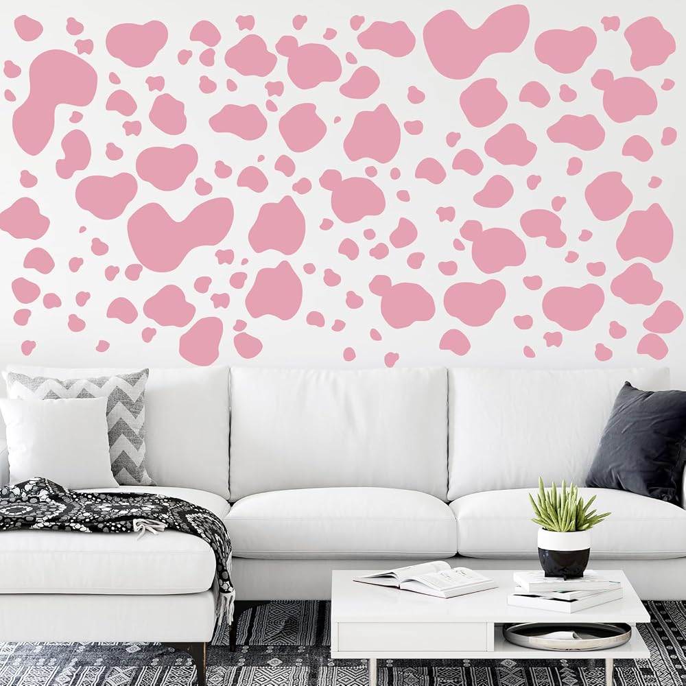 184 Pcs Cow Print Stickers, Adhesive Wall Stickers Cow Print Vinyl Art Decal Removable Wall Decor Waterproof Animal Design Decals for Bedroom Living Room Nursery(Pink)