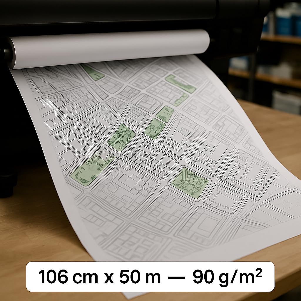 Confezione 1 Rotolo Plotter 106cm x 50m – 90g/m² | Carta Bianca Professionale per Stampa Tecnica, CAD, GIS e Grafica | Superficie Liscia, Asciugatura Rapida | Foro 50mm, Ø 96mm