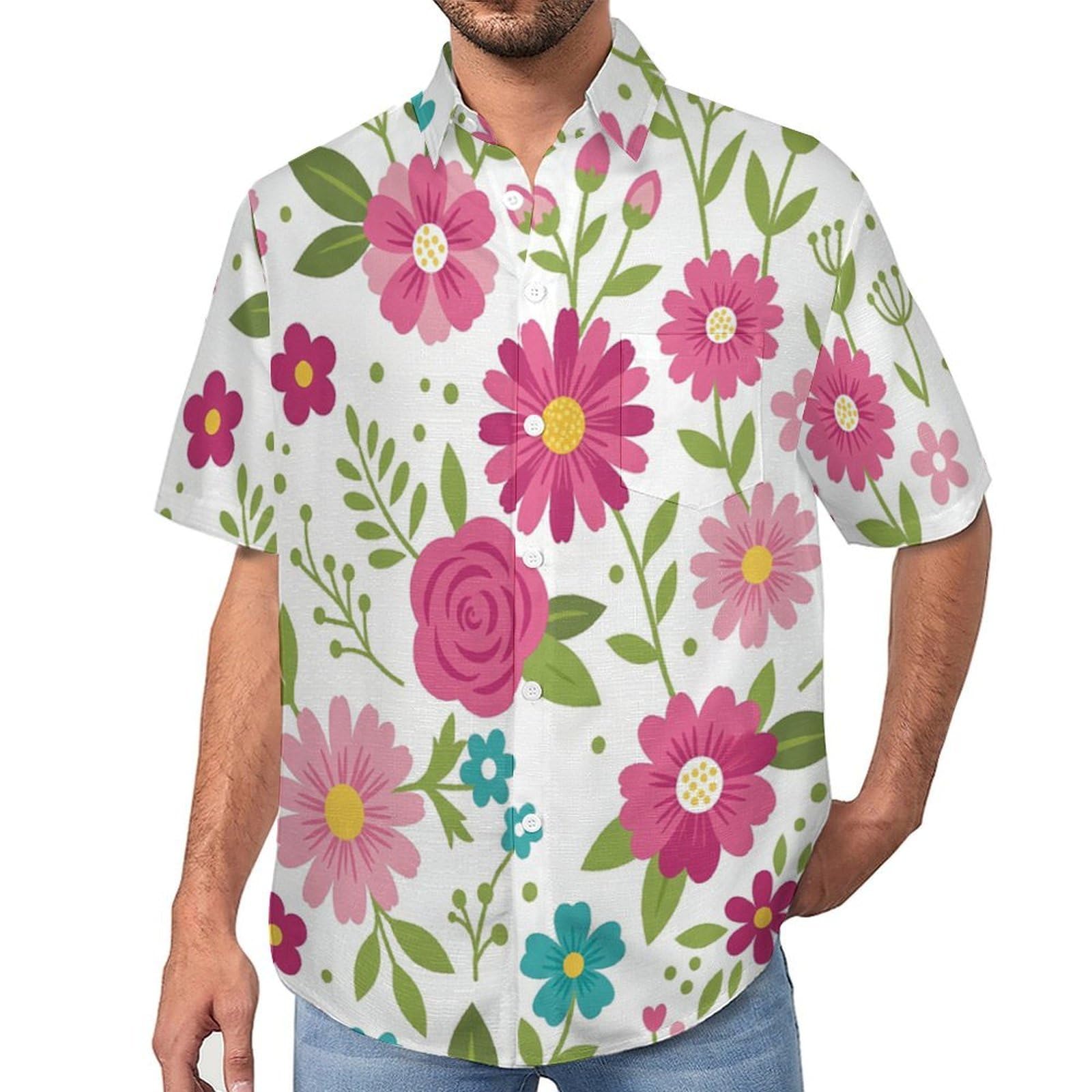 Camicia Casual da Uomo, Piccoli Fiori Carini Stampa Maglietta Estiva a Maniche Corte Stile Disegni Classici Fatti A Mano Casual Button Down Hawaiani Camicie Risvolto Spiaggia Top