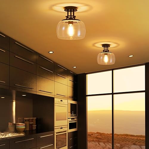 Miniatura 8 de WUZUPS Lámpara de araña rústica de granja industrial redonda semiempotrada de techo con luces LED y pantallas de vidrio transparente para baño,