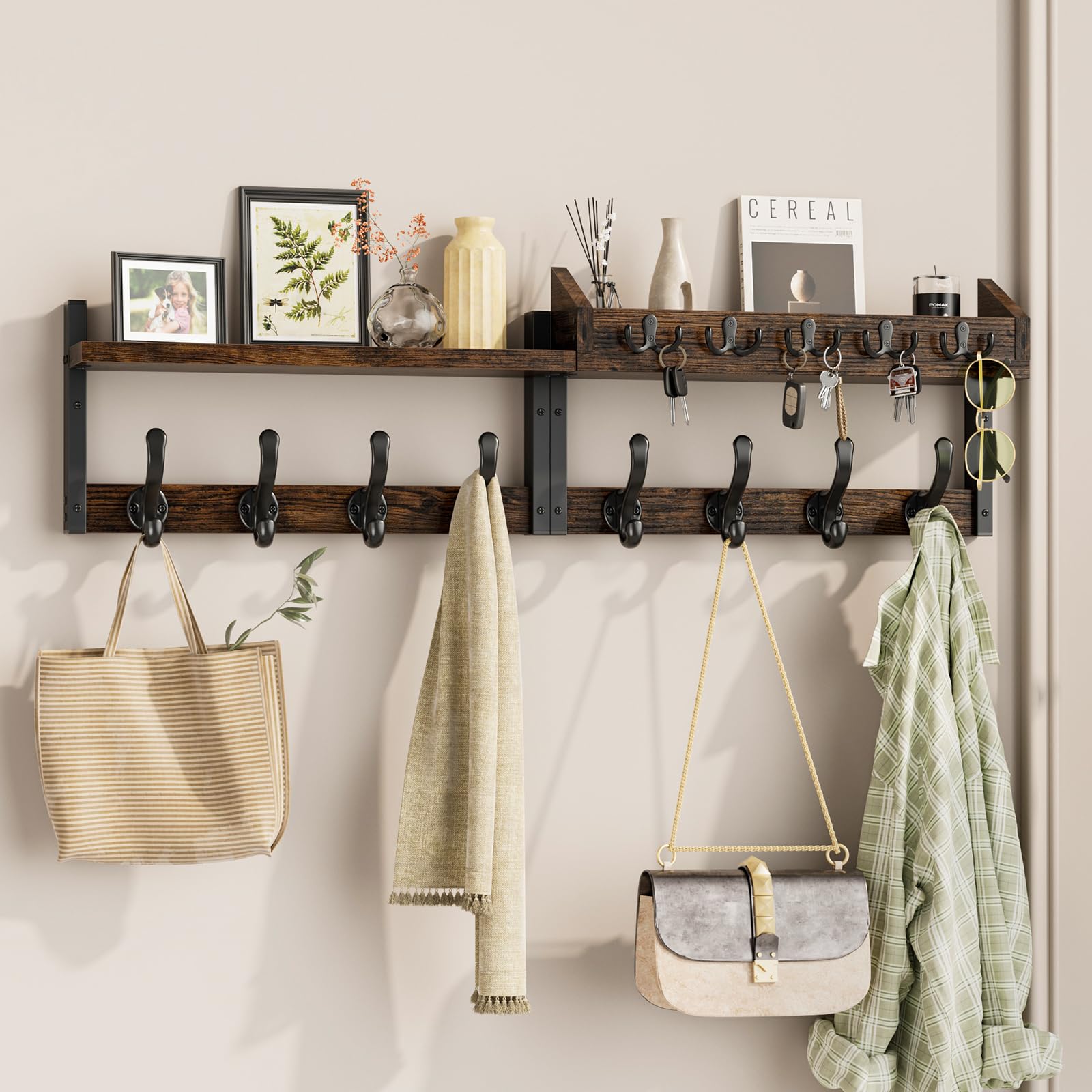 Evermagin 35" Coat Rack Wall Mount with Shelf, 4 in 1 Coat and Key Hanger with 13 Metal Hooks, Entryway Wall Mounted Shelf with Mail Holder for Living