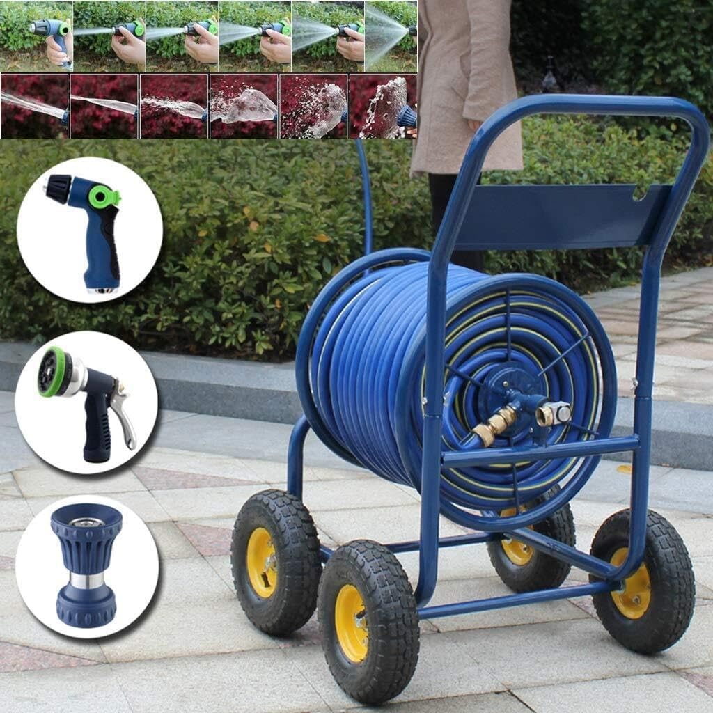 Decorative Garden Hose Reel Cart With Four Wheels, Large 25mm Water Pipe Storage Rack, Portable Car Wash Hose Set, Retro Style(Hose reel-40M pipe)