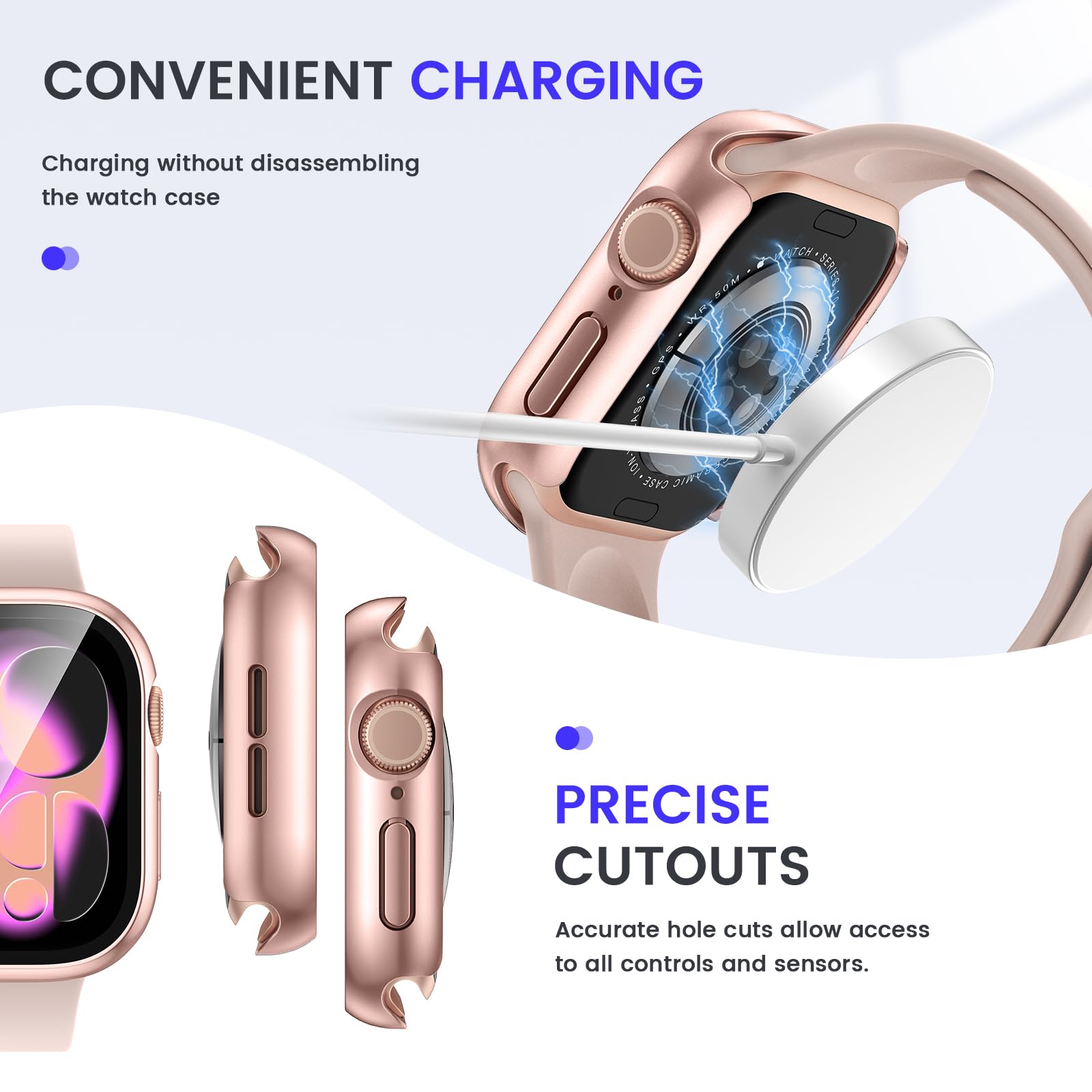 Kamita Wodoodporne etui kompatybilne z Apple Watch Series 10 42 mm z wbudowaną folią ochronną ze szkła hartowanego, twarde etui ochronne z poliwęglanu (różowe złoto)