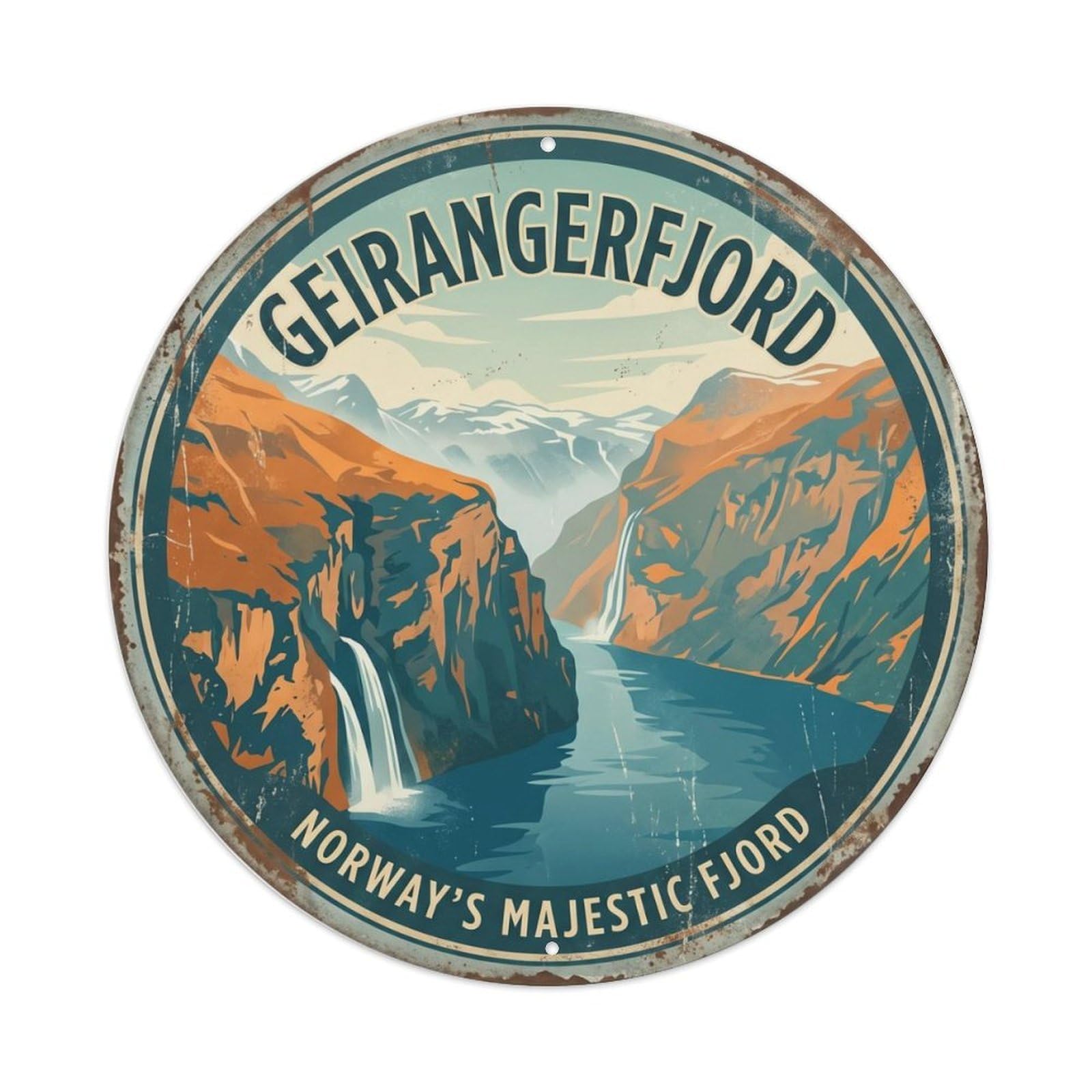 Vintage Travel Geirangerfjord Norway Fjord Metal Tin Sign Plaque Wall Decor for Cafe, Club, Garden Round Metal Poster 8x8Inch