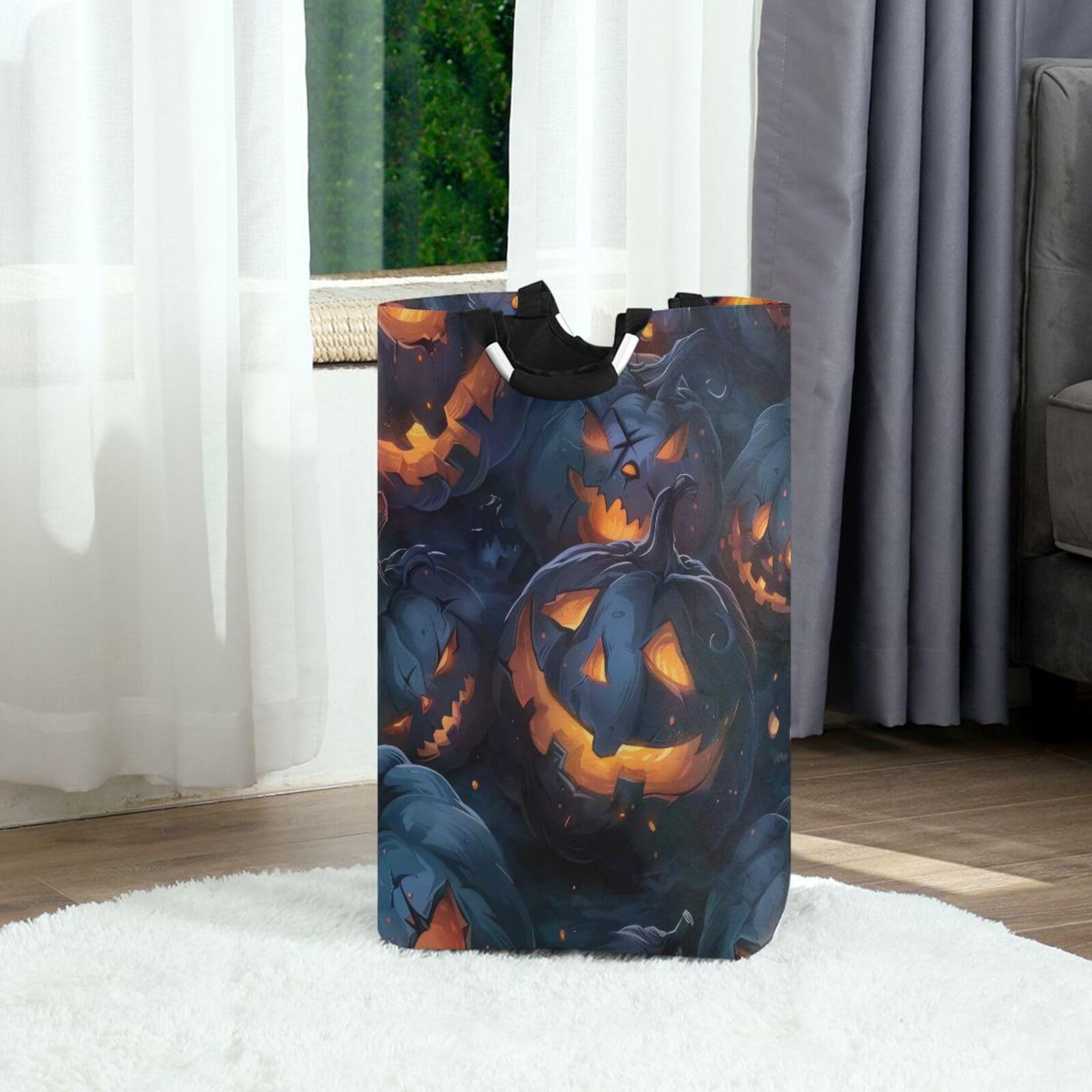Jihqo Laundry Hamper Basket Halloween Glowing Pumpkins Collapsible Nursery Storage Bin Waterproof Clothing Baskets for Home Bedroom Bathroom Washing Room