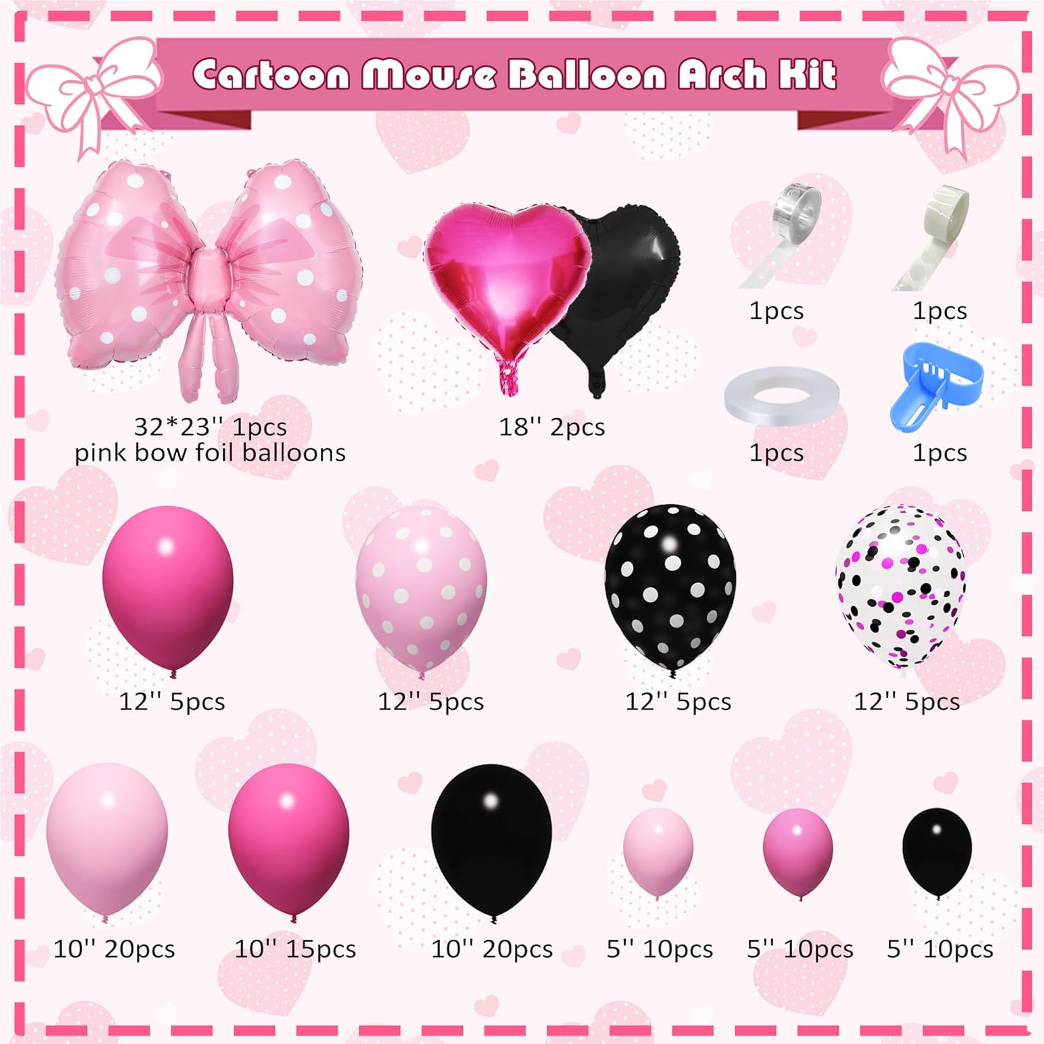 Ouddy Party Pink Mouse Balloon Garland Arch Kit for Cartoon Mouse Theme Birthday Party Decorations Girl Kids, Pink Black Rose Red Bow Foil Balloons Banners for Mouse Baby Shower Party Supplies - Image 2
