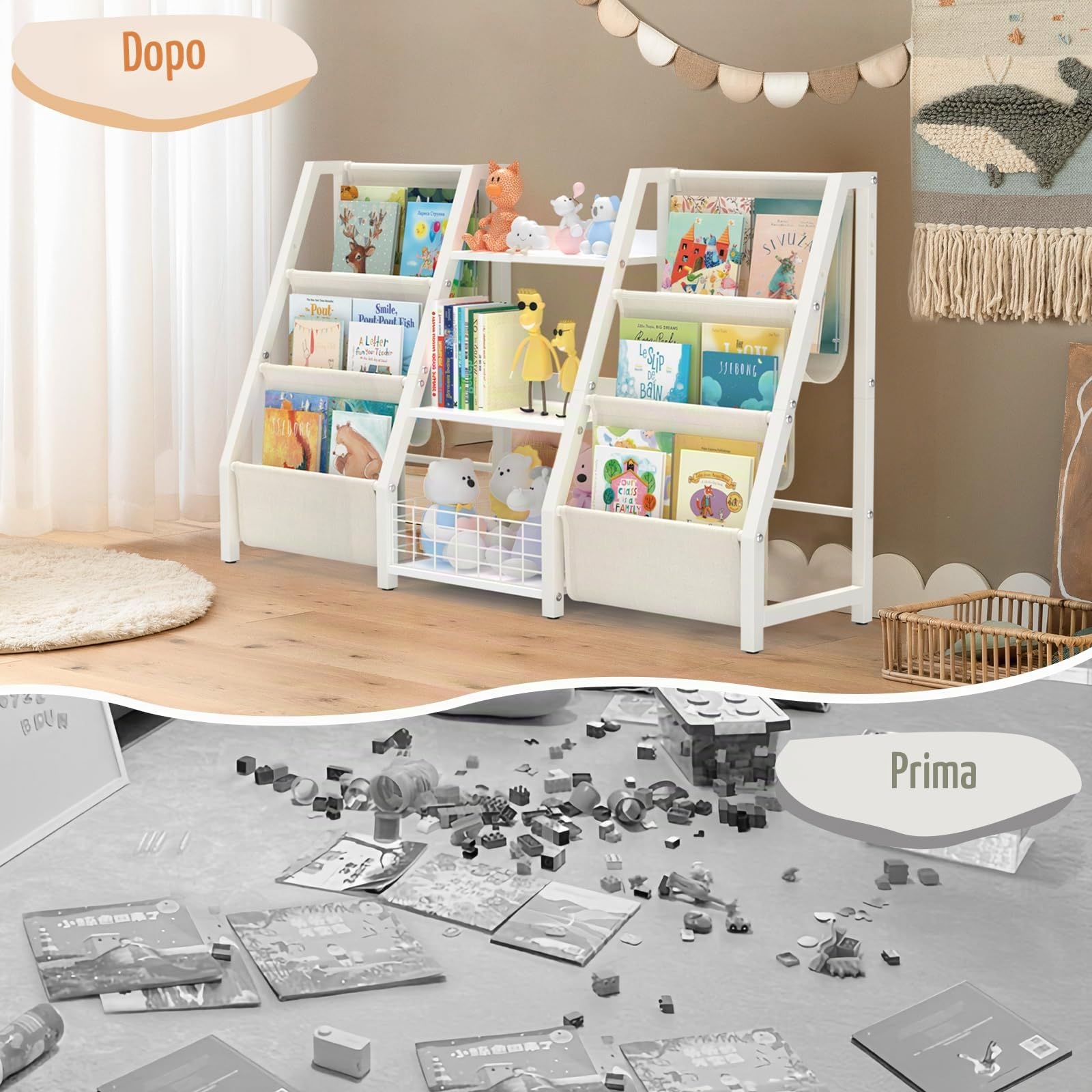 BORISI Libreria Montessori per Bambini, Scaffale per Giocattoli con 6 Scomparti, Porta Libri Bambini, Organizer per Cameretta e Sala Giochi, 124x30x75 cm, Bianco