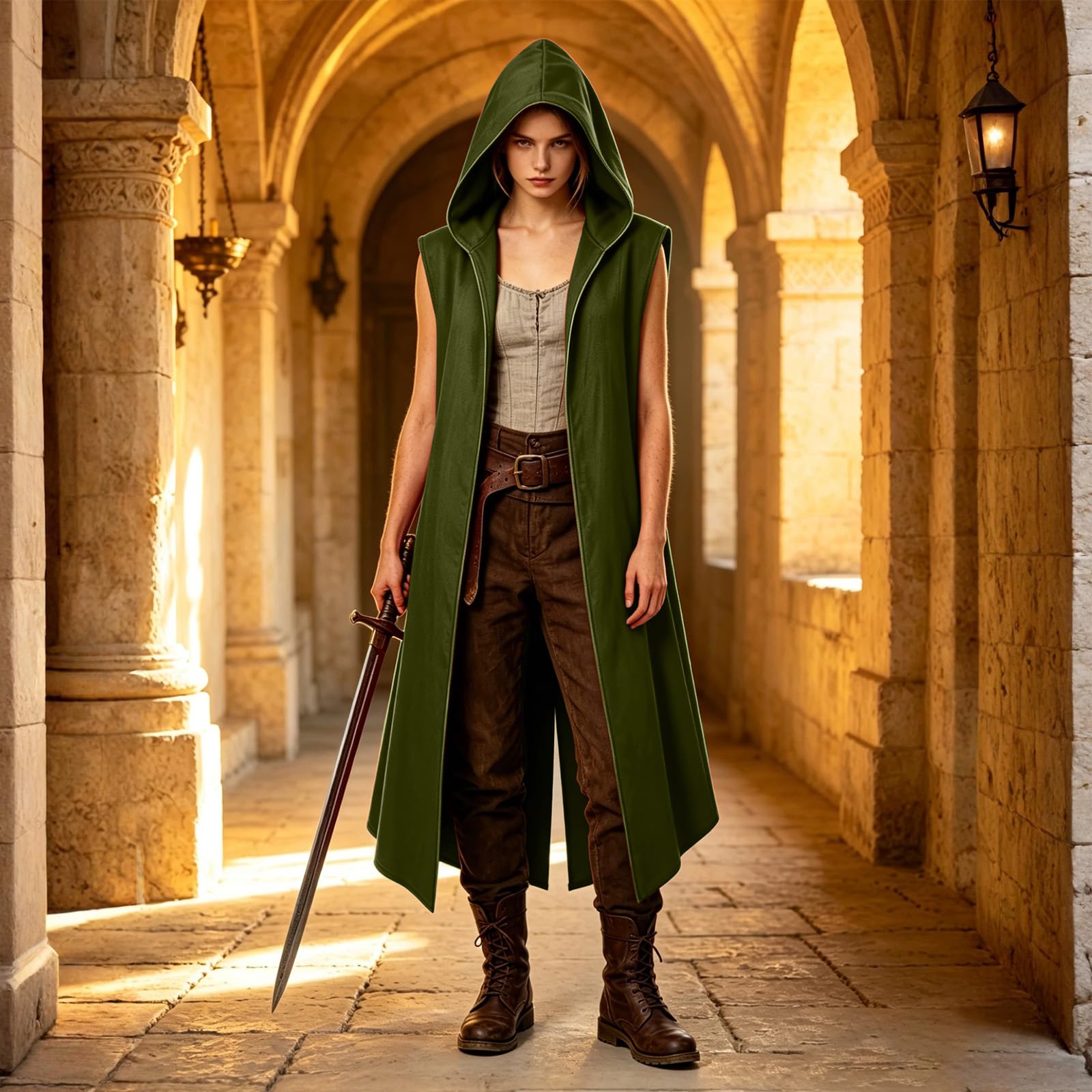 Średniowieczna peleryna surcoat, peleryna wikingów, renesansowy kaptur, bez rękawów, kostium dla Holloween Assassin Cosplay