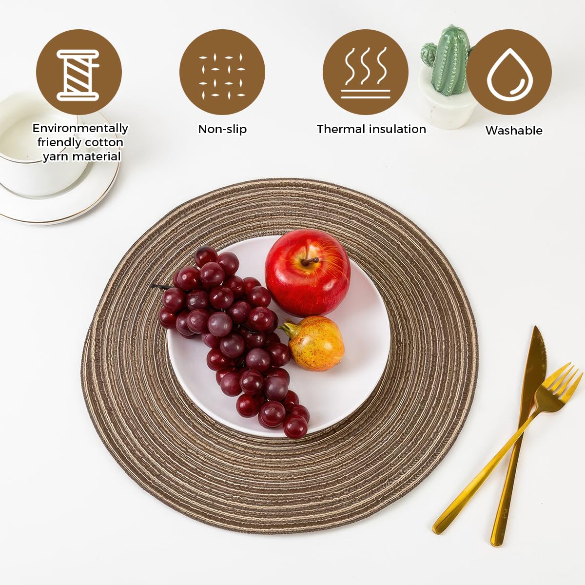 6 Pièces 30 cm Set de Table Rond, Table Ronds Tressés en Coton Lavables, Résistants à Chaleur et Antidérapant Dessous Assiette, Tissés Naturellement sous Assiette aux Mariages, Banquets, Cuisines