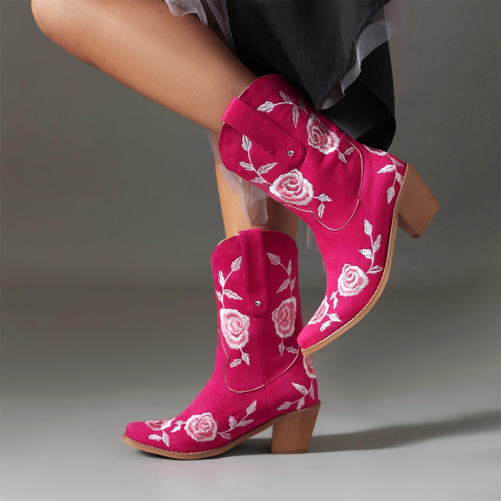 MEECHI Stivali Corti con Ricami Floreali Boots da Cowboy Western da Donna Stivaletti retrò con Tacco A Blocco Scarpe alla Caviglia con Punta Quadrata for Feste, Country, Concerti