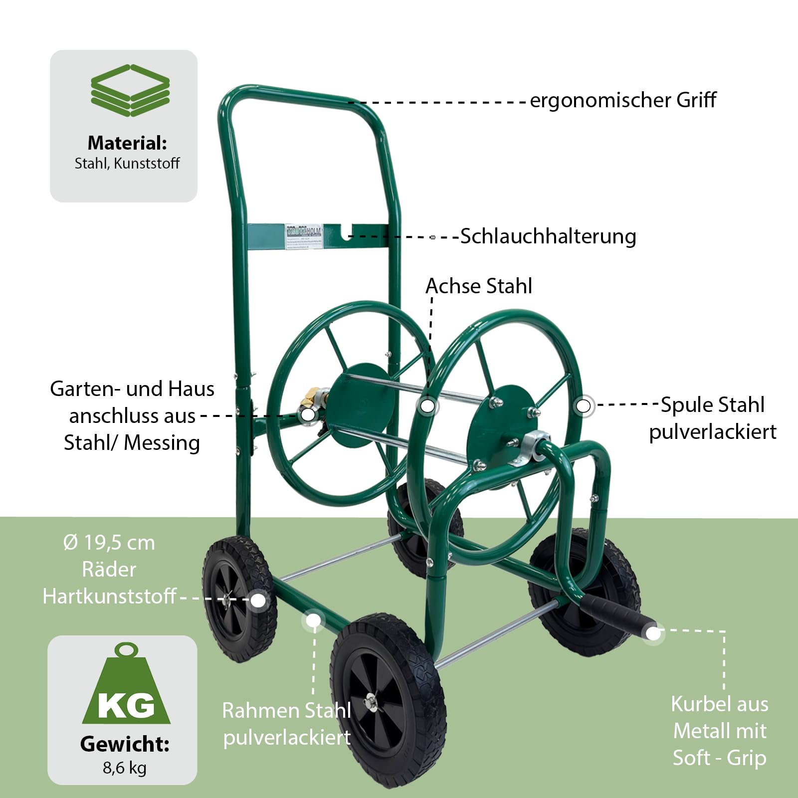 TRUTZHOLM Schlauchwagen Basic 4 Räder 95,5 x 58 cm Stahl, für 50 m Gartenschlauch 3/4" Anschluß grün