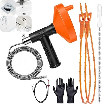 Drain Snake Auger, Plumbing Snake Drain Hair Clog Removal Tool, Sink Unclogger Drain, Heavy Duty Drum Auger, Cleaner Tool for Bathroom Kitchen Tub Shower Drain Clog Remover with Gloves 33 Feet