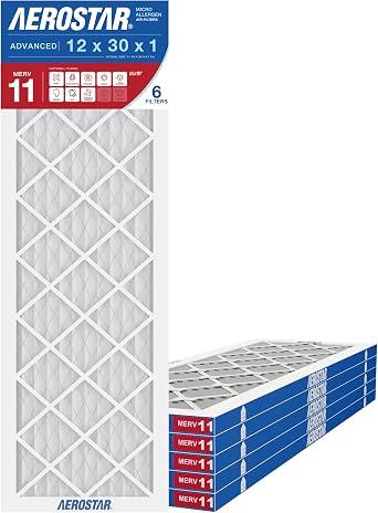Aerostar 12x30x1 MERV 11 High Efficiency Pleated Air Filter, 6-Pack, Electrostatic AC Furnace HVAC Replacement, Captures Dust Pollen Pet Dander Mold Smoke 11.75x29.75x0.75
