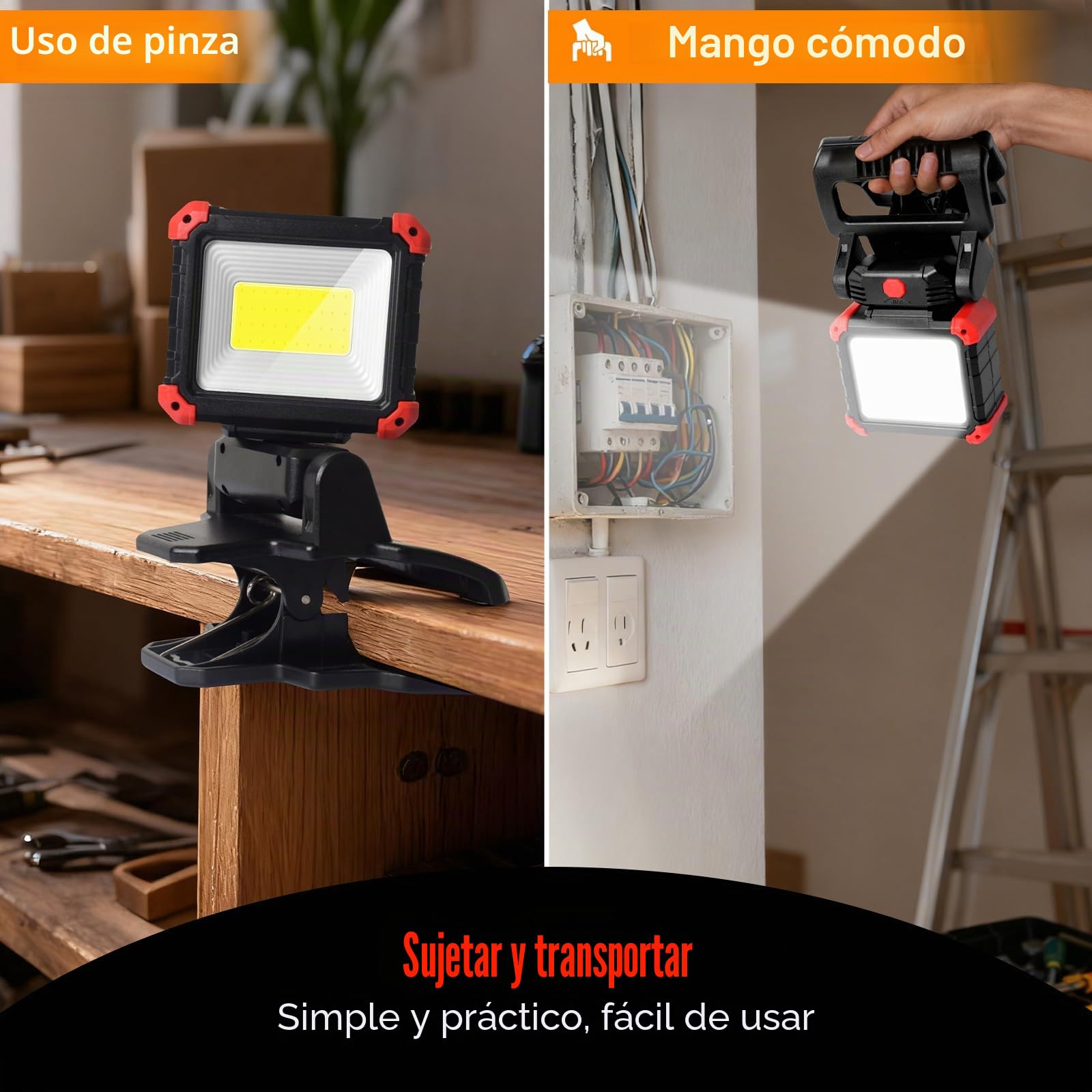 MASMEJOR Foco LED Recargable con Pinza, 2100LM Foco LED con Imanes & 3 Modos de Luz, Rotación de 270°, Luz de Trabajo Portátil Ideal para Camping, BBQ, Pesca, Taller, Emergencias