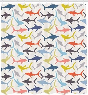 Lunarable Shark Shower Curtain, Mixed Pattern of Sharks in Various Tones Frighten Panic Phobia Pacific Home Print, Cloth Fabric Bathroom Decor Set with Hooks, 105" Extra Wide, Multicolor