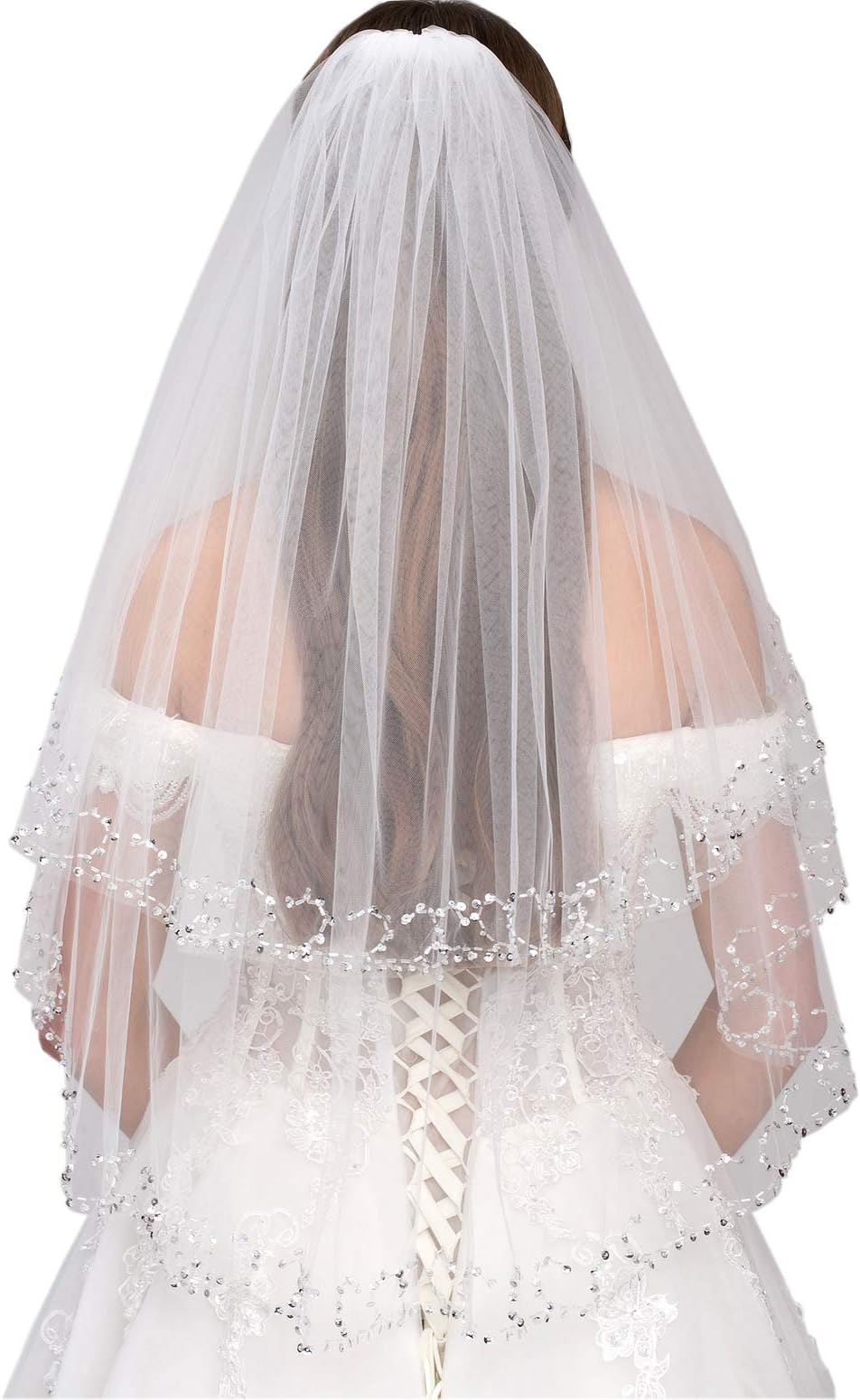 Malishow 2 Tiers Beaded Wedding Veil Sequin Pearl Edge Bling Bridal Veils New white
