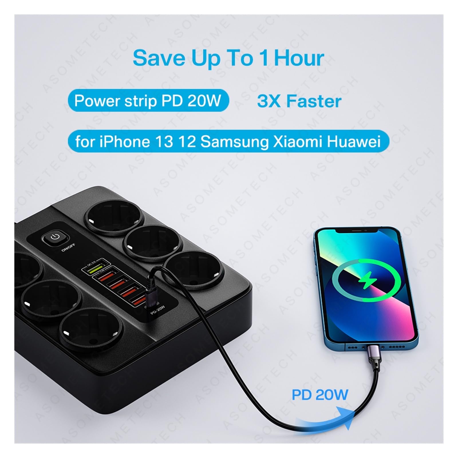 Cargador USB C Multiple, Tira de alimentación de 6 tomas de CA de 3000W, cable de extensión de 6 estaciones de carga USB, 2M PD 20W QC3.0, puerto USB, toma de corriente for cargador múltiple , Univers