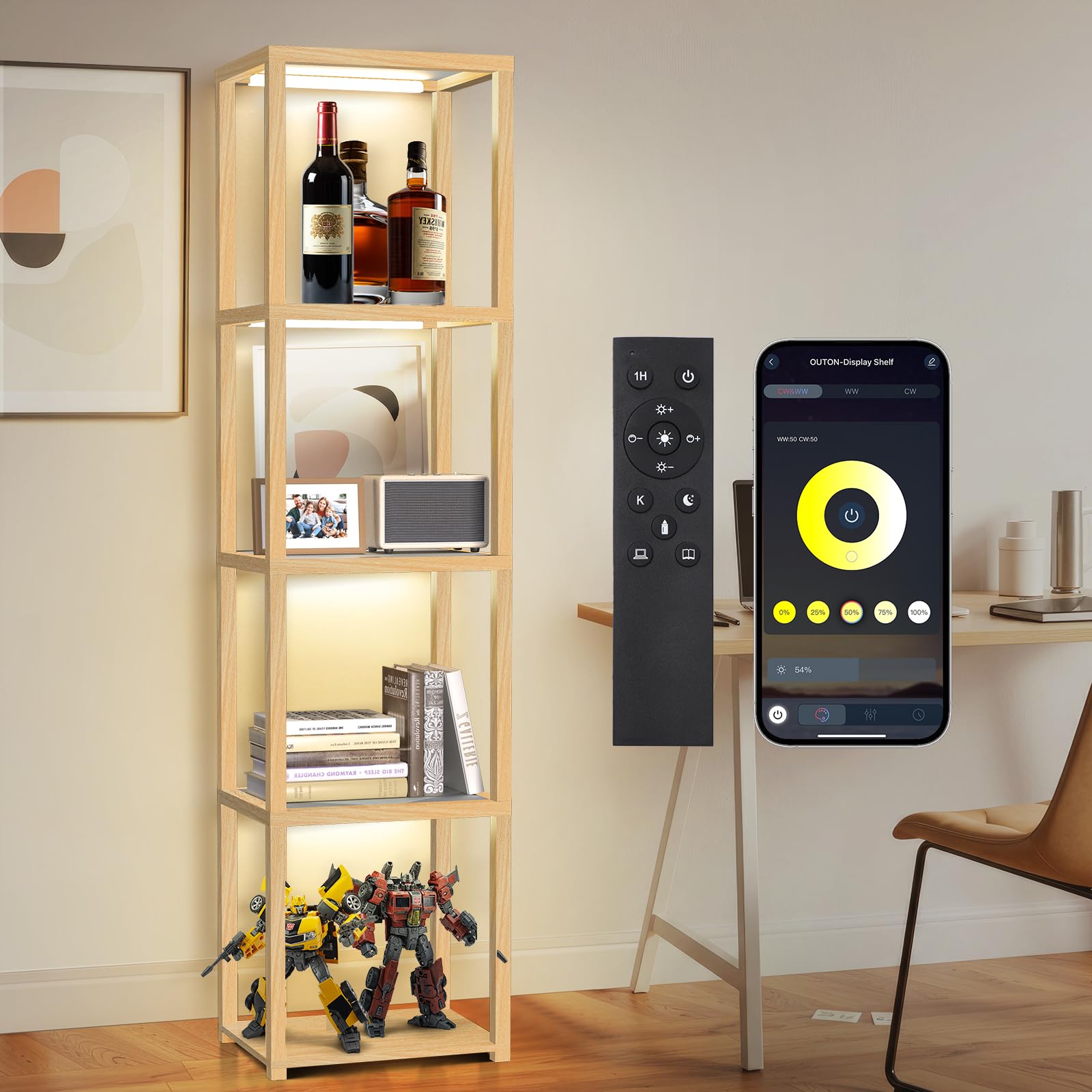 OUTON 170cm Vetrina in Vetro con Luci, Lampada da Terra a LED, Legno