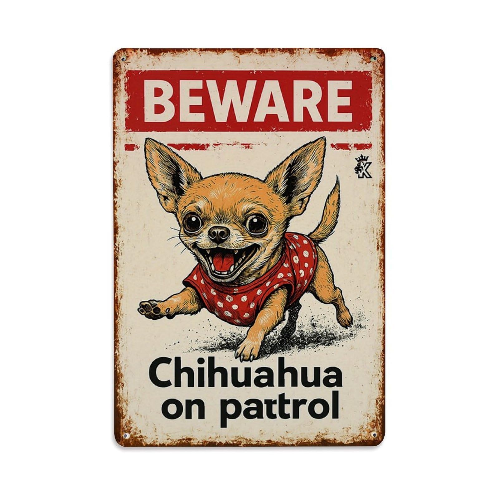 Beware Chihuahua On Patrol Sign Retro Metal Tin Sign, Vintage Metal Poster for Bar, Home, Man Cave, Kitchen, Laundry Room Art Decor 8x12 Inch
