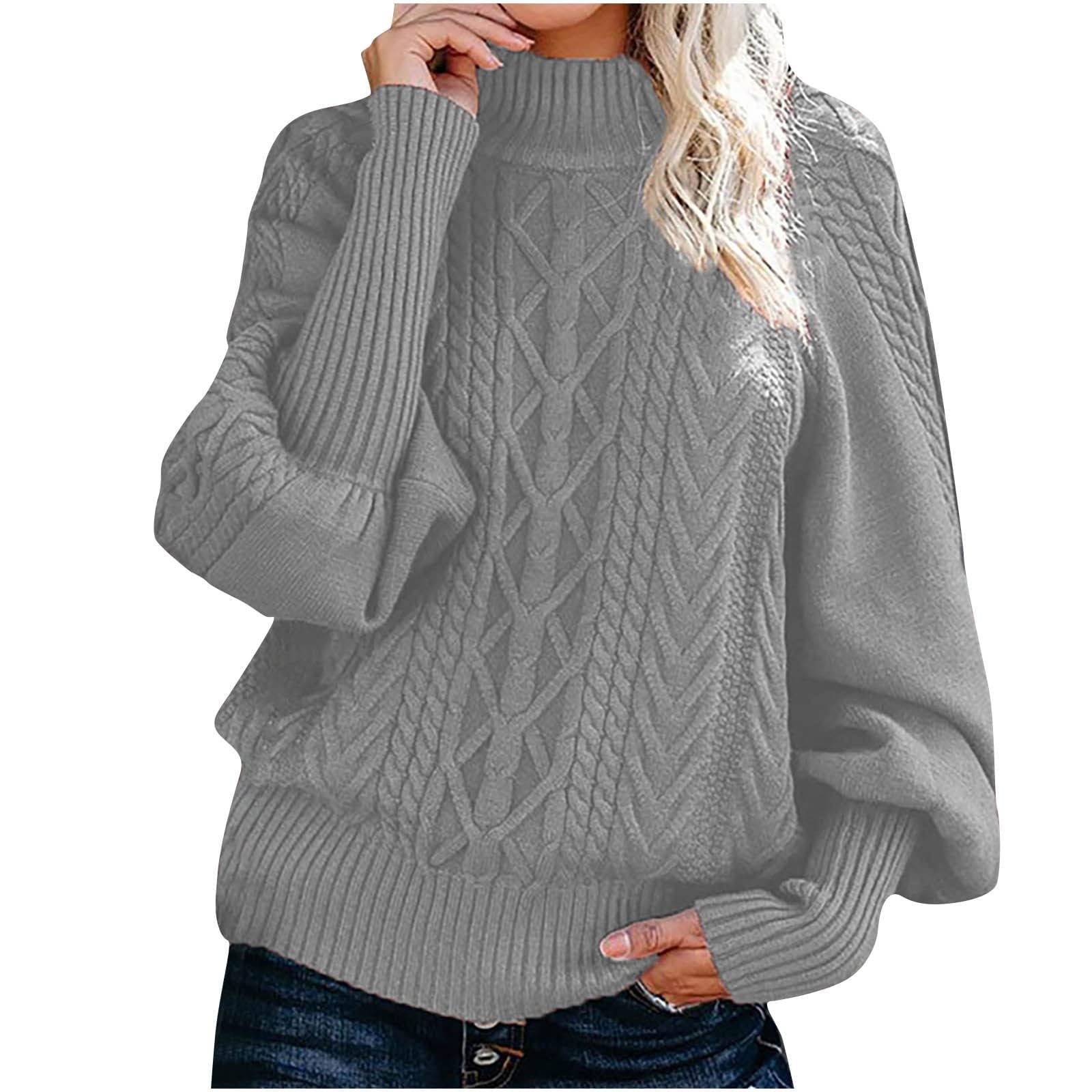 Womens Cable Knitted Sweaters Mock Turtleneck Solid Trendy Lantern Sleeve Warm Comfort Pullover Jumper Tops