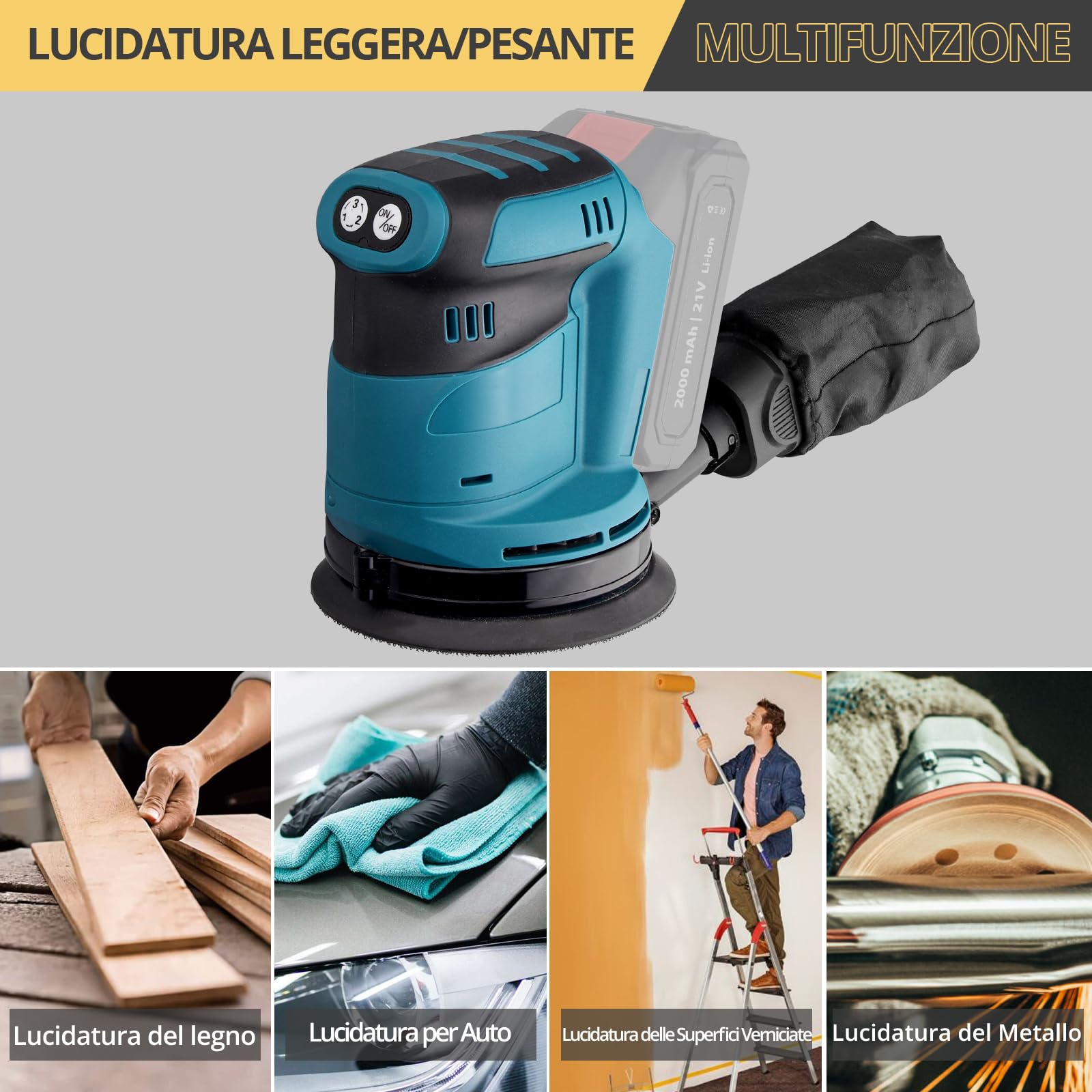 AMTOVL Levigatrice Rotanda Orbitale 3 Livelli Regolabile Levigatrice Professionale per Levigare Cerare Lucidare Legno Metallo Vernice Con 5PZ 125mm Dischi Abrasivi Orbit sander Batteria NON Inclusa