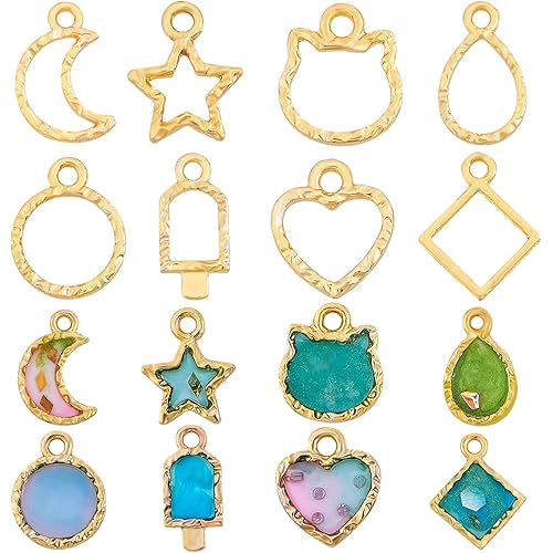 OLYCRAFT 80pcs Mini Zinc Alloy Open Bezel Pendant Charms 8-Style Alloy Frame Pendants Hollow Resin Frames with Loop Golden Open Bezels for Jewelry Making
