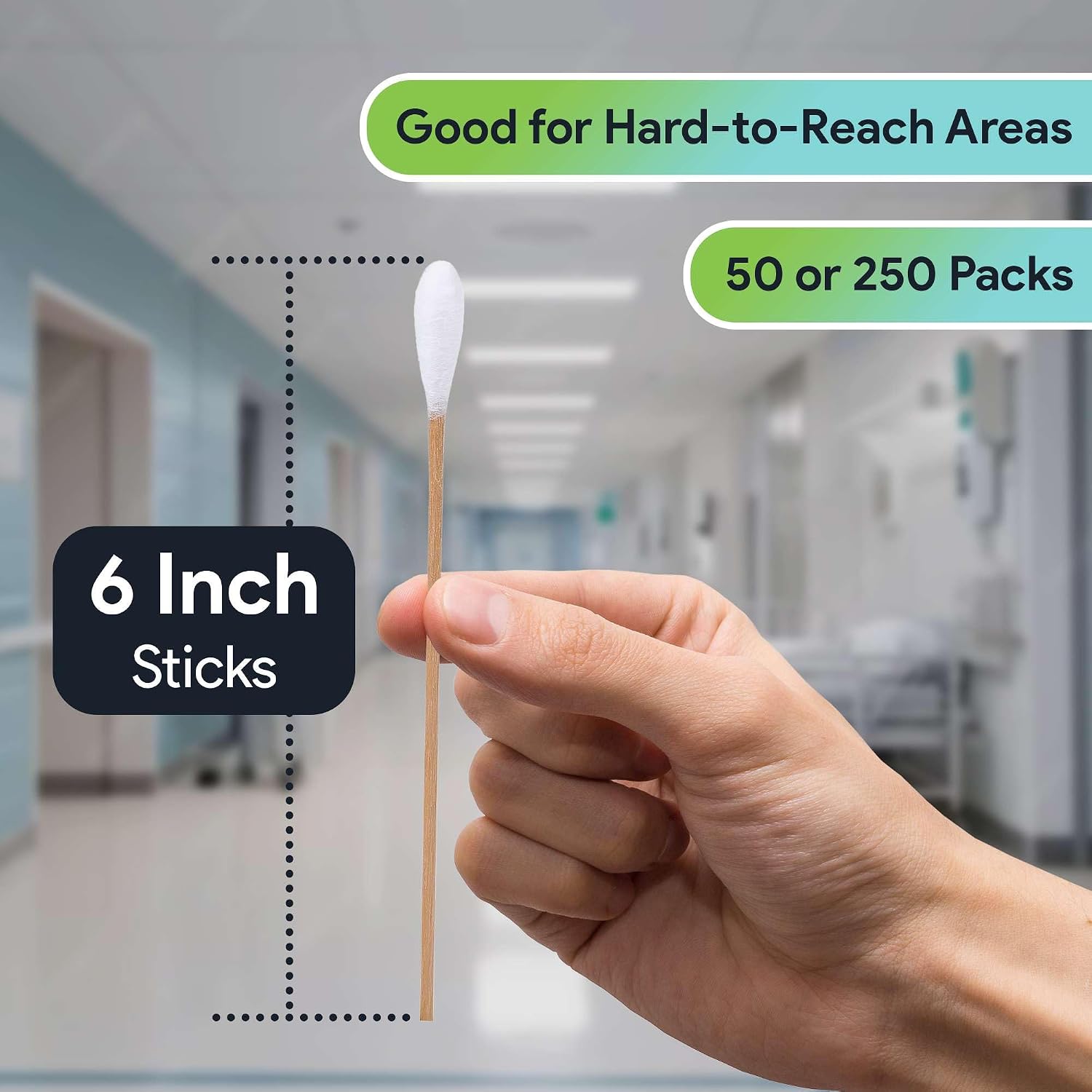 50 Biodegradable Long Cotton Swabs - 6 Inch Long Swabs for Ears - Made From Birchwood and 100% Cotton - Lint Free