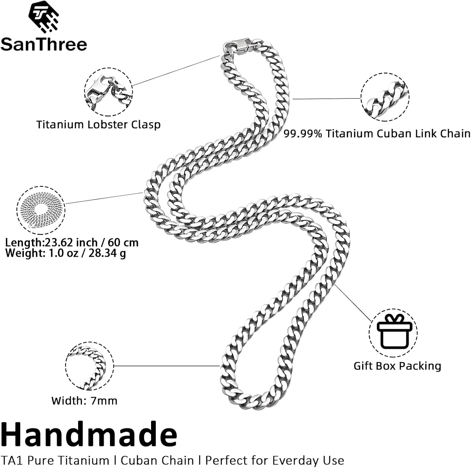 SanThree 7mm Pure Titanium Curb Link Chain Necklace, Smooth Skin Friendly Solid Titanium Chunky Double Tight Cuban Chain Necklaces Gift for Men Women Sensitive Skin Hip Hop Jewelry