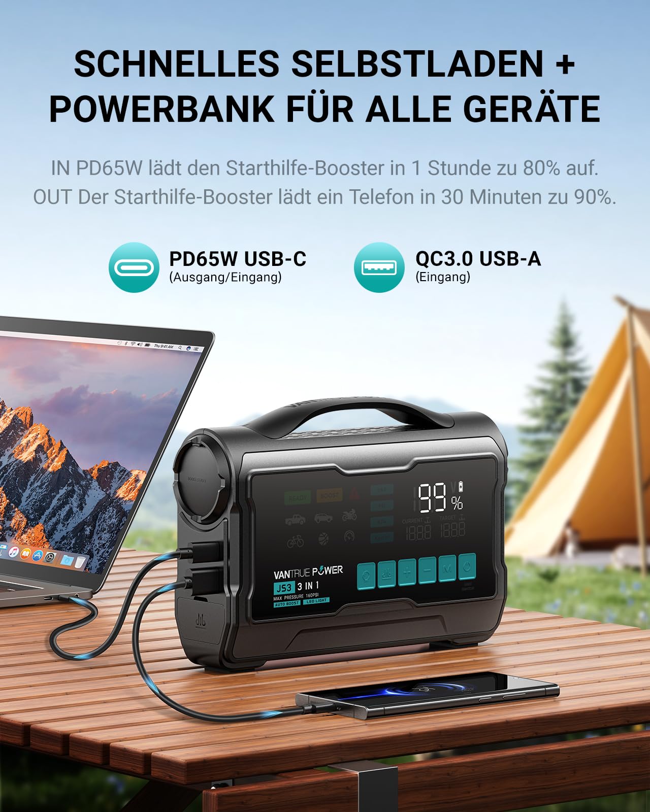 JS3 3250A Starthilfe Powerbank für PKW mit 160PSI Kompressor 12V Auto Batterie Booster, 65W Schnelllade, für 10L Gas / 8L Diesel Einsatz in verschiedenen Notfallsituationen
