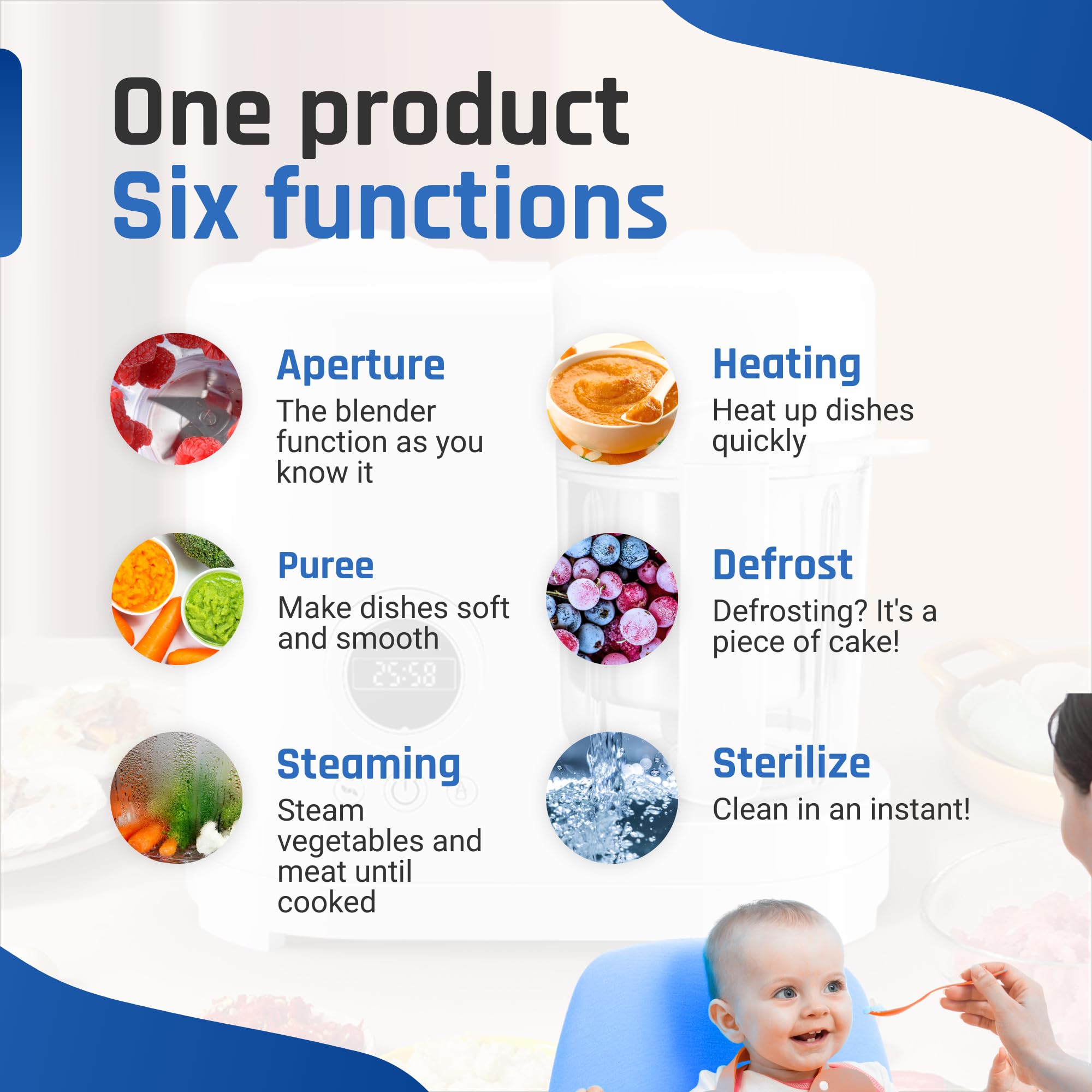Robot culinaire pour bébé 6-en-1, Cuiseur vapeur & mixeur pour purée, mélange, cuisson, réchauffage, décongélation & stérilisation, Bol inox 300 ml, 2 gobelets de conservation inclus, Sans BPA